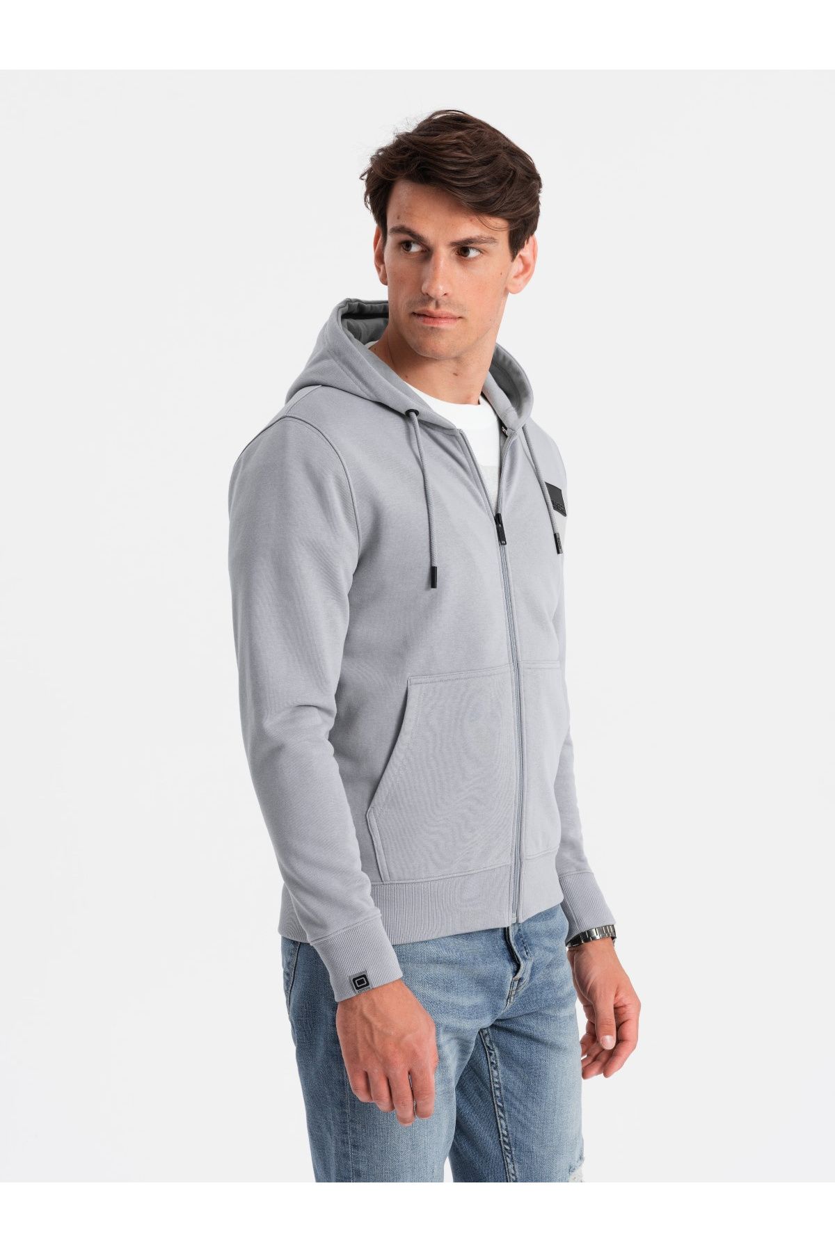 OMBRE-Aufgeknöpftes Herren-Sweatshirt mit Kapuze und Patch - grau V1 OM-SSZP-0140 XXL 3