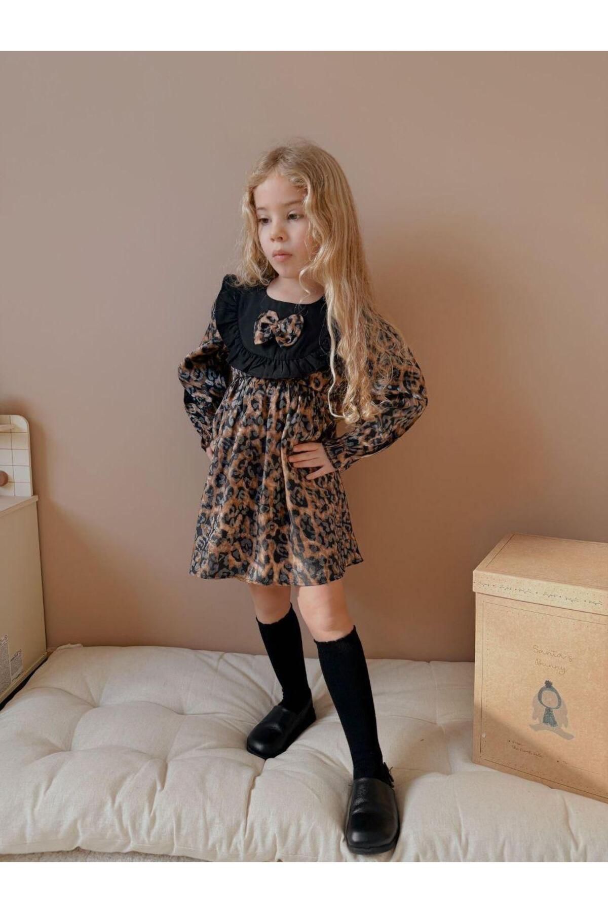 cgboutiquestylekids Kız Çocuk Elbise Leopar Desenli Kız Elbise Pamuklu Kurdele Detaylı