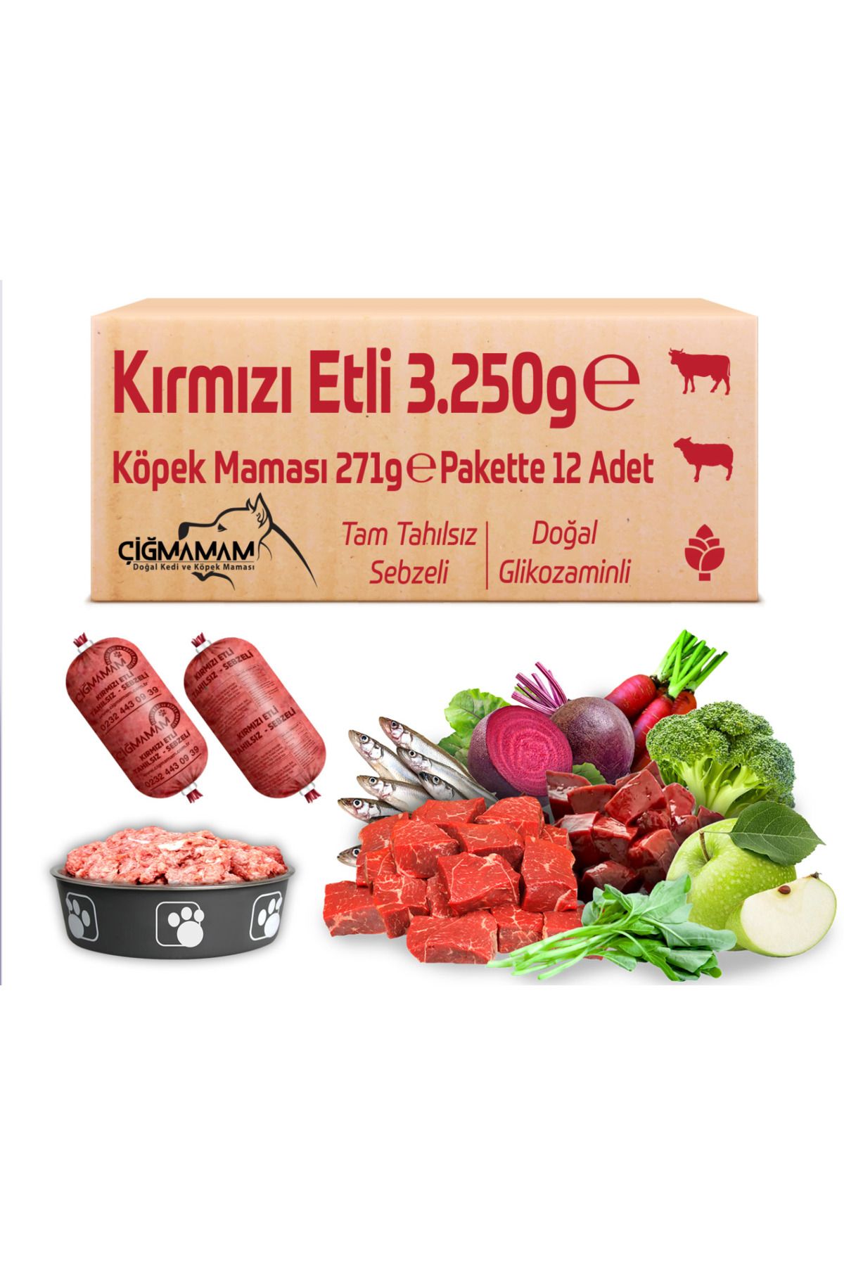 Çiğmamam Doğal Kedi ve Köpek Maması Barf Kırmızı Etli Tahılsız Sebzeli 3.250 Gr 271 Gr 12 Adet Köpek Maması