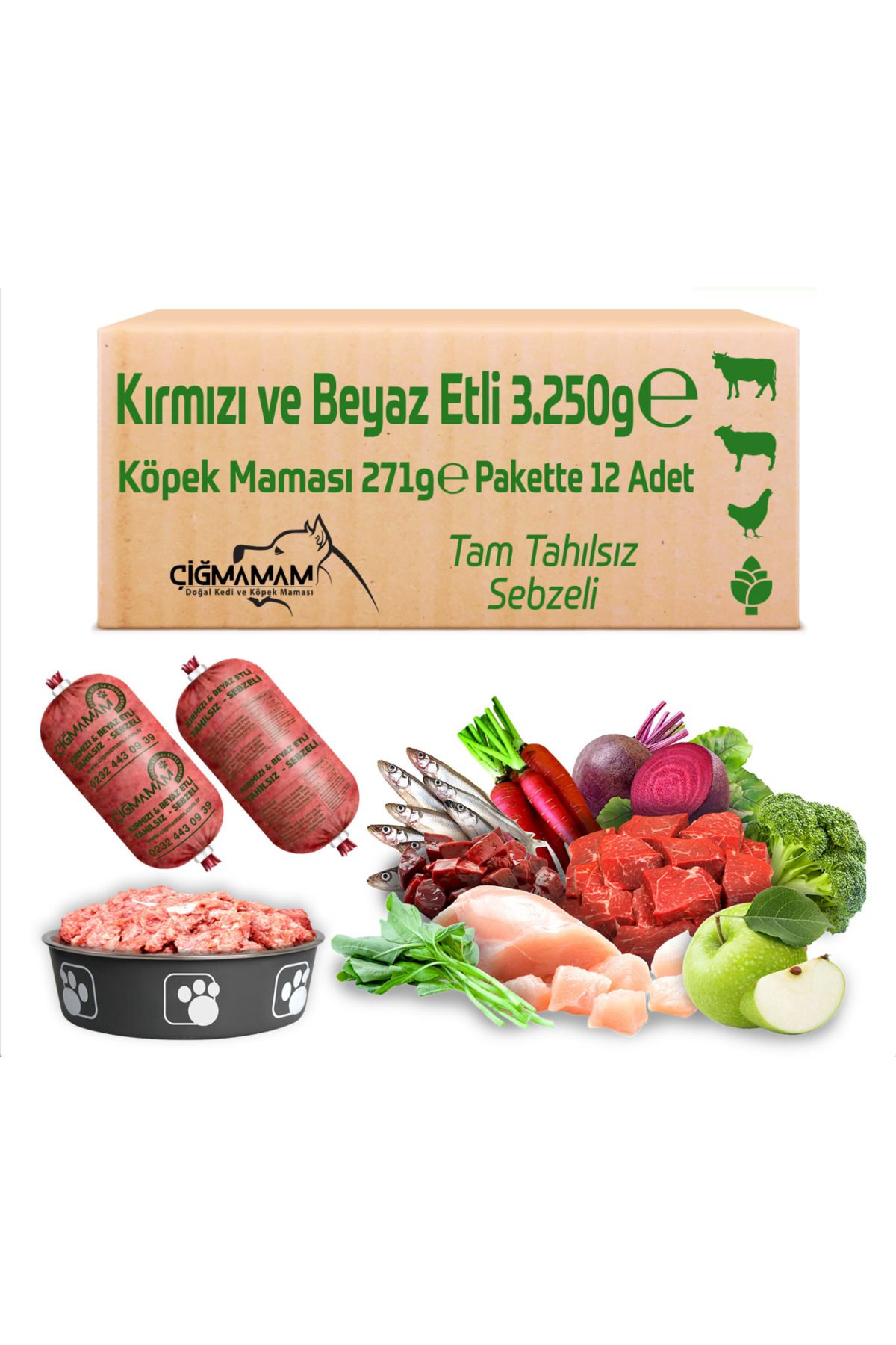 Çiğmamam Doğal Kedi ve Köpek Maması Barf Kırmızı ve Beyaz Etli Tahılsız Sebzeli 3.250 gr 271 Gr 12 Adet Köpek Maması