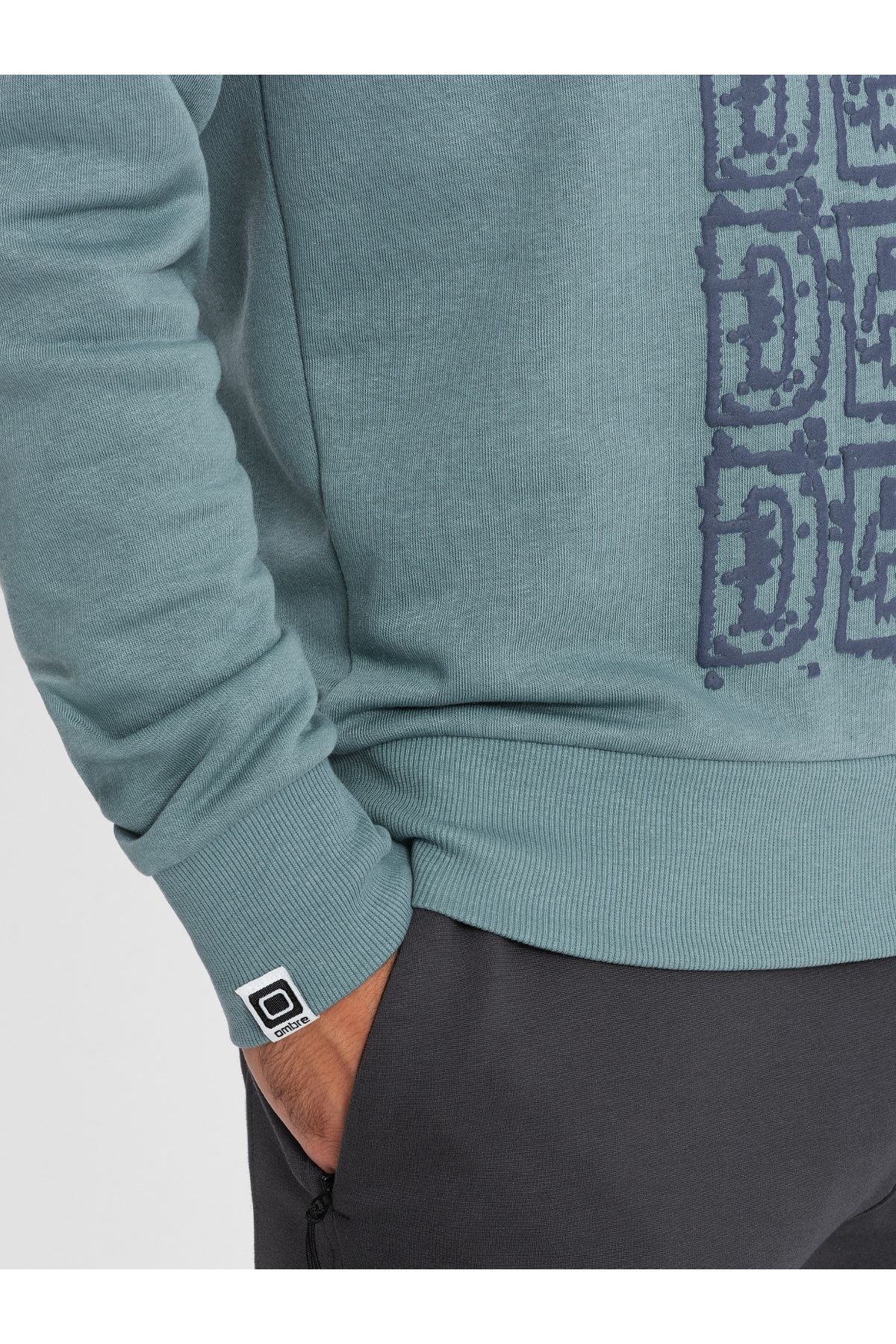 OMBRE-Men's non-stretch kangaroo sweatshirt with hood and print - turquoise V2 OM-SSPS-0158 L 5