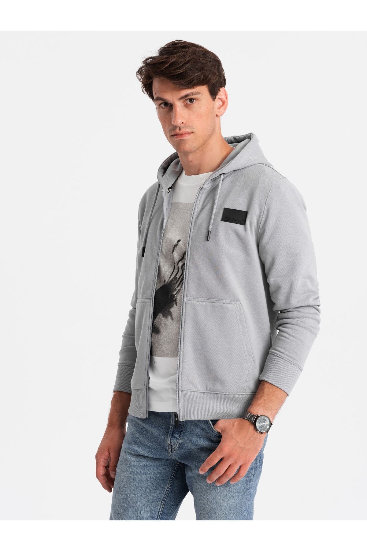 OMBRE-Aufgeknöpftes Herren-Sweatshirt mit Kapuze und Patch - grau V1 OM-SSZP-0140 XXL 1