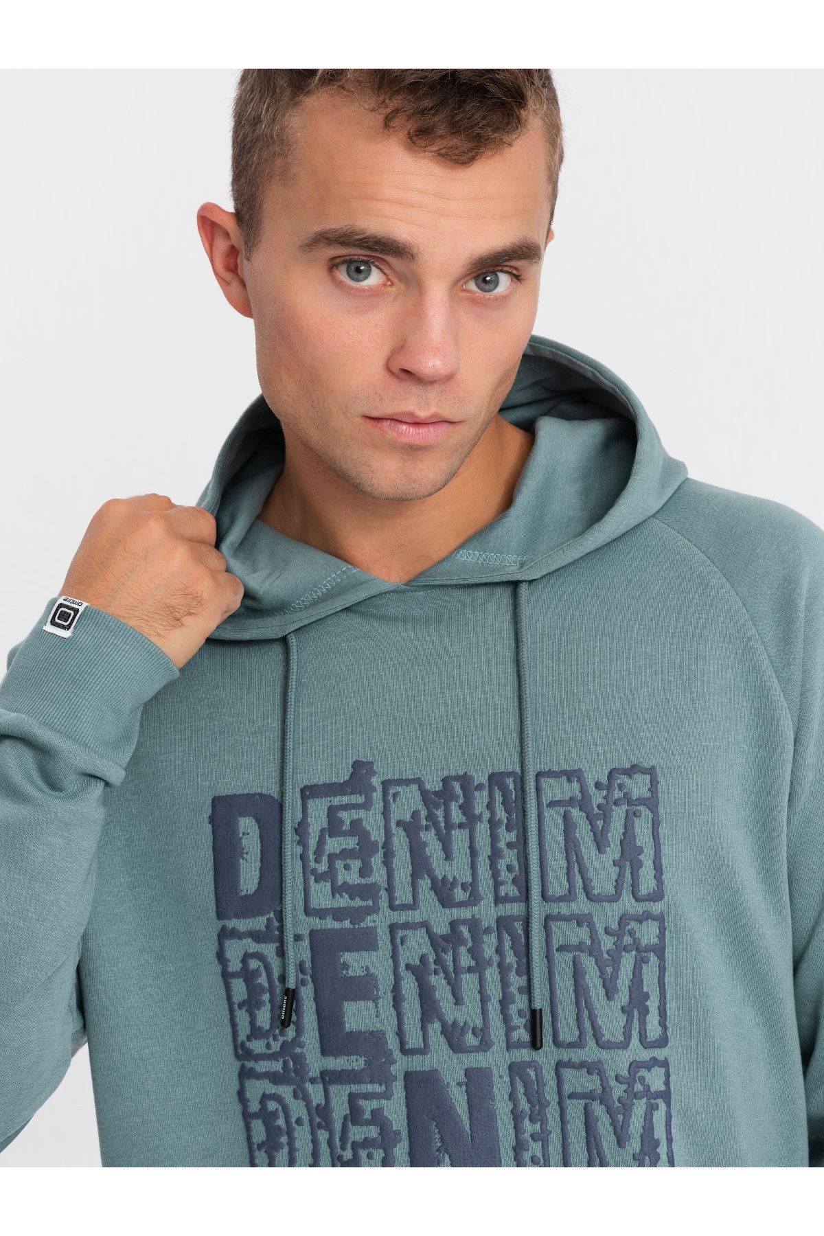 OMBRE-Men's non-stretch kangaroo sweatshirt with hood and print - turquoise V2 OM-SSPS-0158 L 2