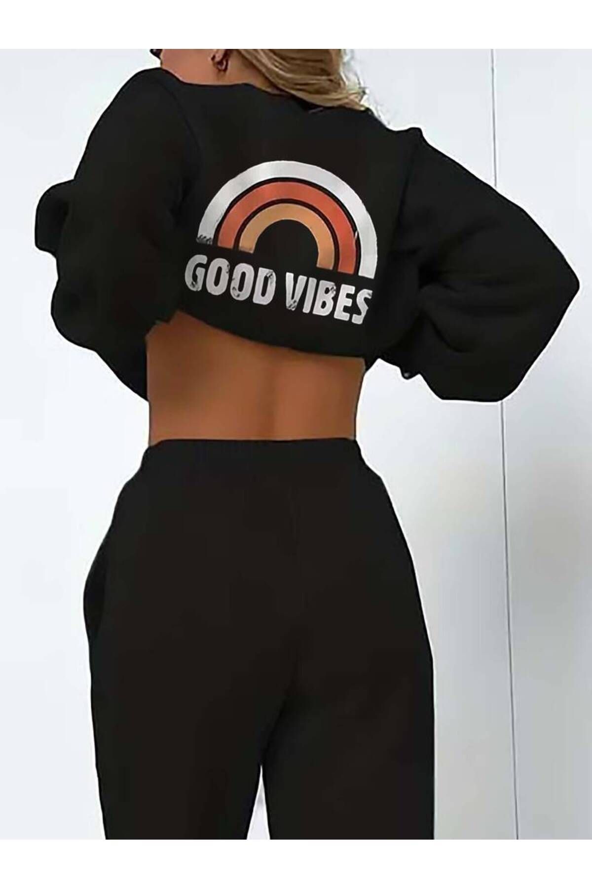 MANCY Kadın Büyük Beden Good Vibes Baskılı Oversize 3 İplik Eşofman Takımı