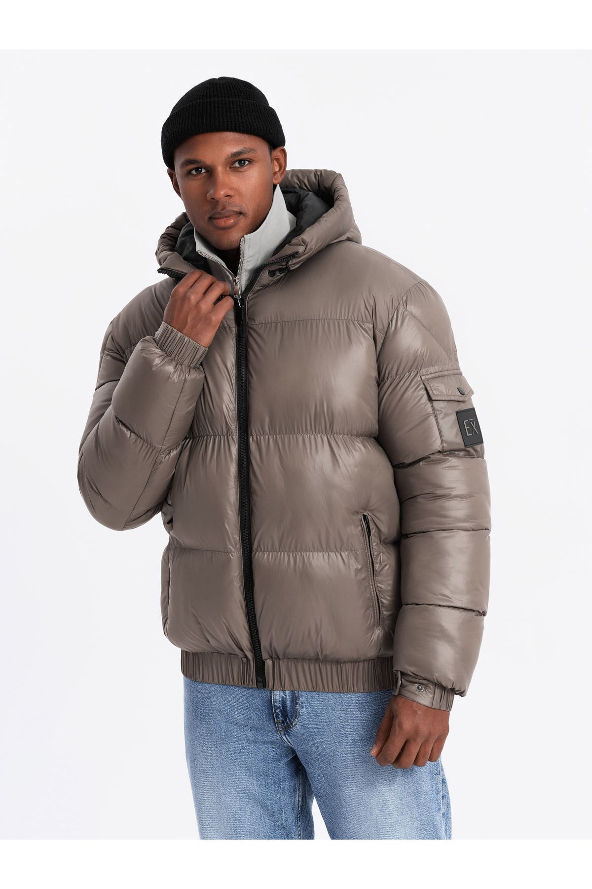 OMBRE-Ζεστό ανδρικό puffer jacket με βελονιές - σκούρο μπεζ V3 OM-JAHP-0207 L 3