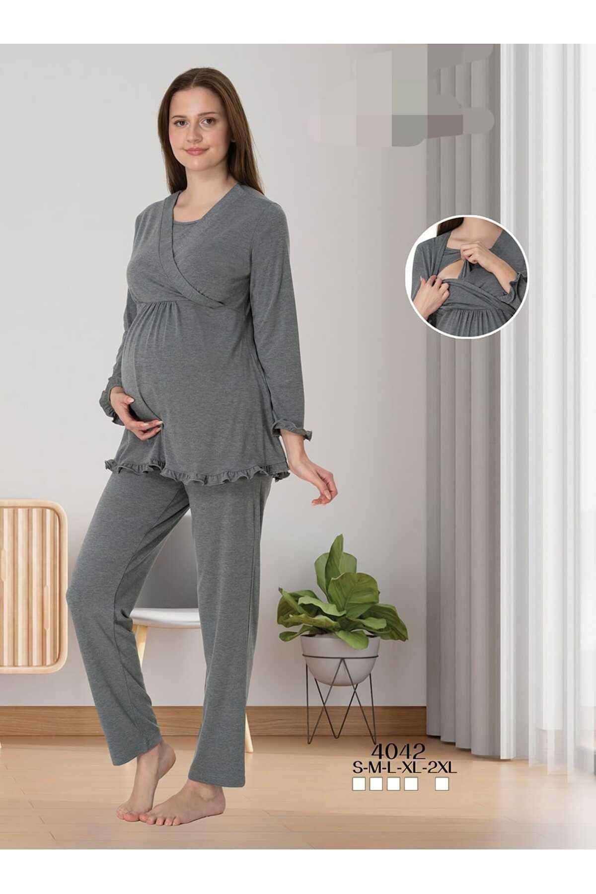 Lohussa-Women's Smoked Lace Special Design Cotton Combed Maternity Pajamas Set 3