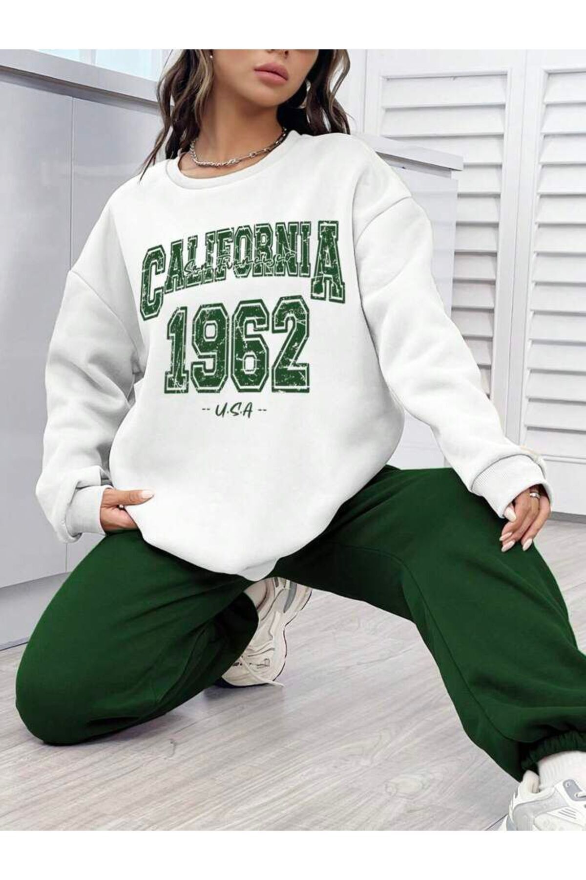 MANCY Kadın California 1962 Baskılı Oversize 3 İplik Sweatshirt Eşofman Takımı