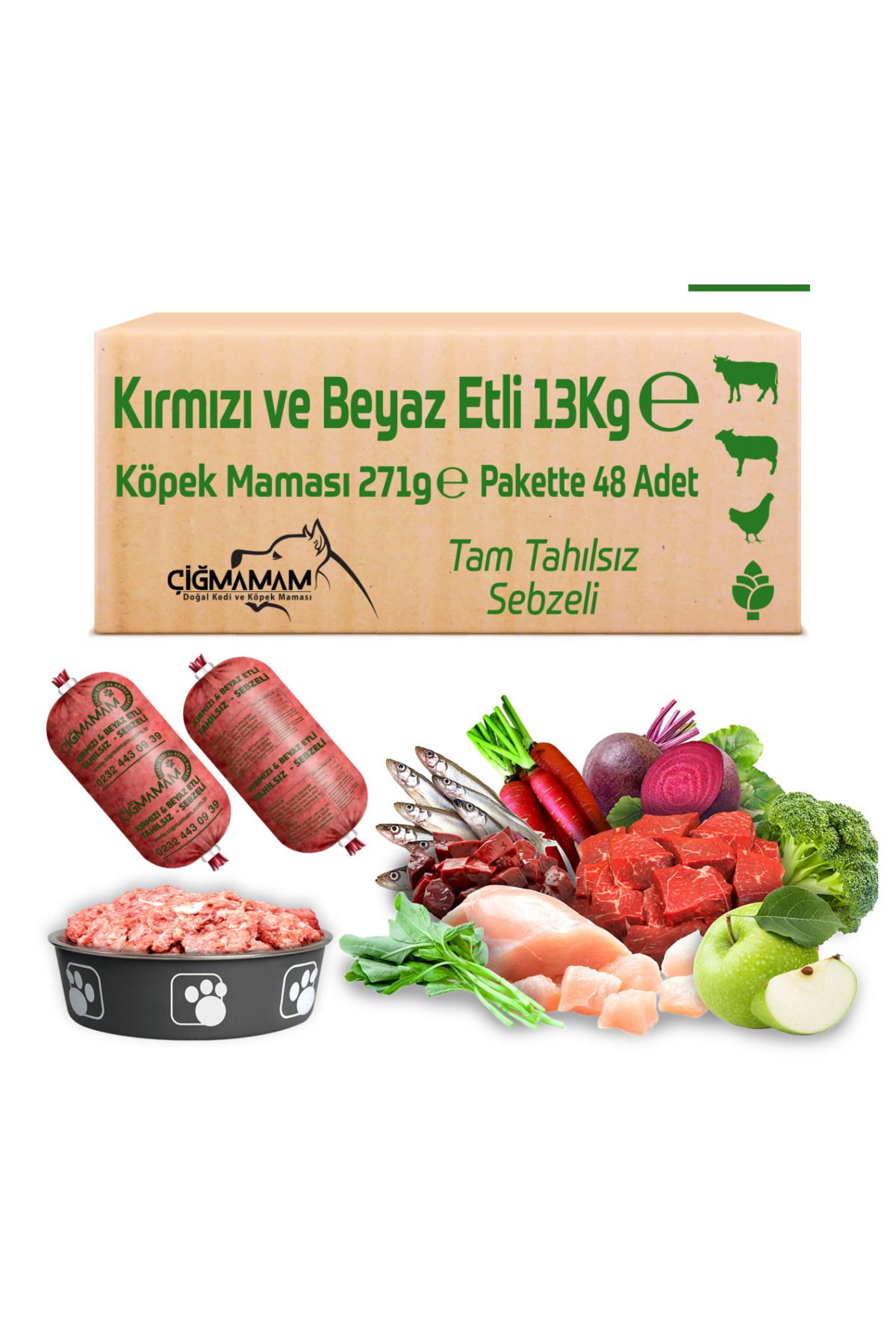 Çiğmamam Doğal Kedi ve Köpek Maması Barf Kırmızı ve Beyaz Etli Tahılsız Sebzeli 13 Gr 271 gr 48 Adet Köpek Maması