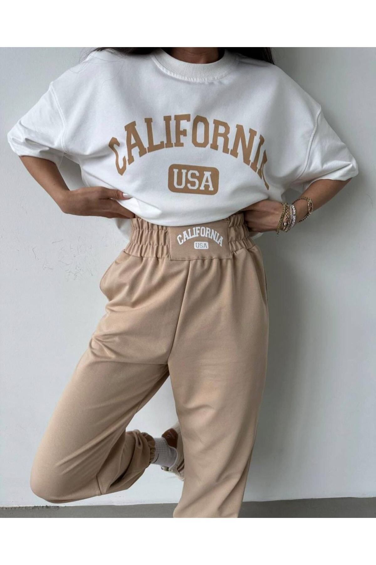 MANCY Kadın Yüksek Bel California Usa Baskılı Eşofman T-shirt Yazlık Takım