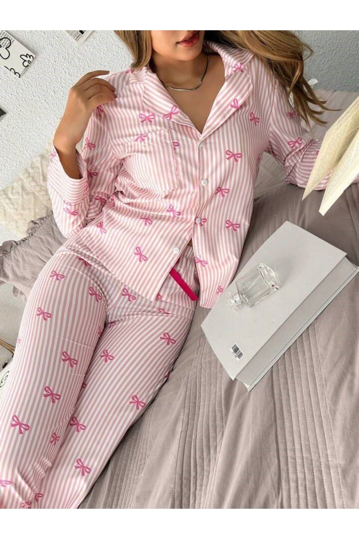 CSR HOMEWEAR Kadın Düğmeli Uzun Kollu Pijama Takımı Pembe Kurdele