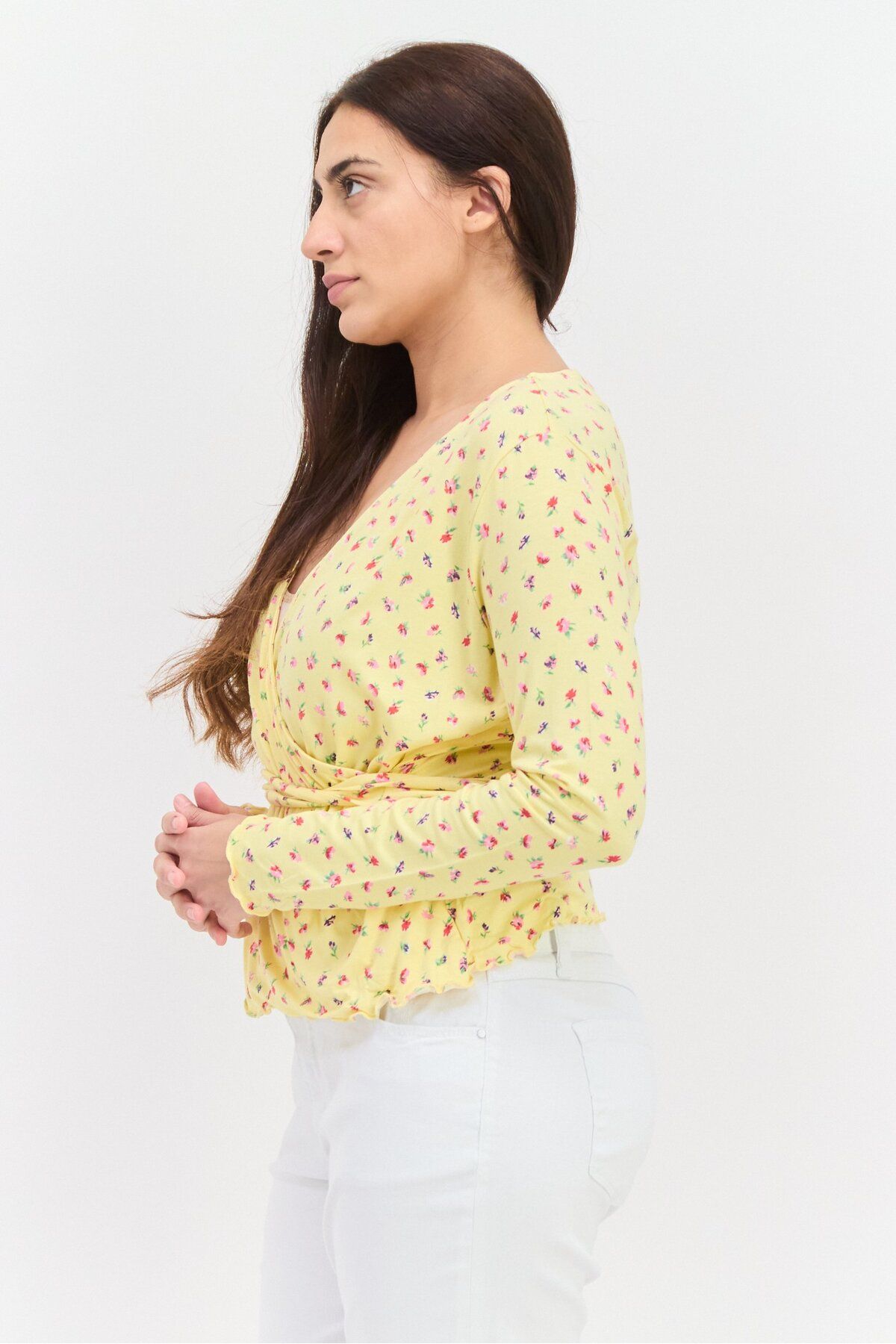 Asos Design-Women Surplice Neck Long Sleeve Floral Printed Top, Yellow Combo 2