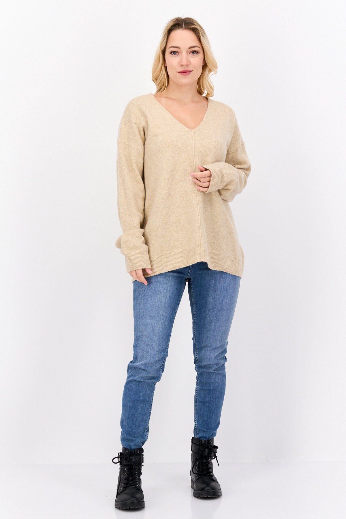 Esprit-Women V-neck Textured Sweater, Beige 4