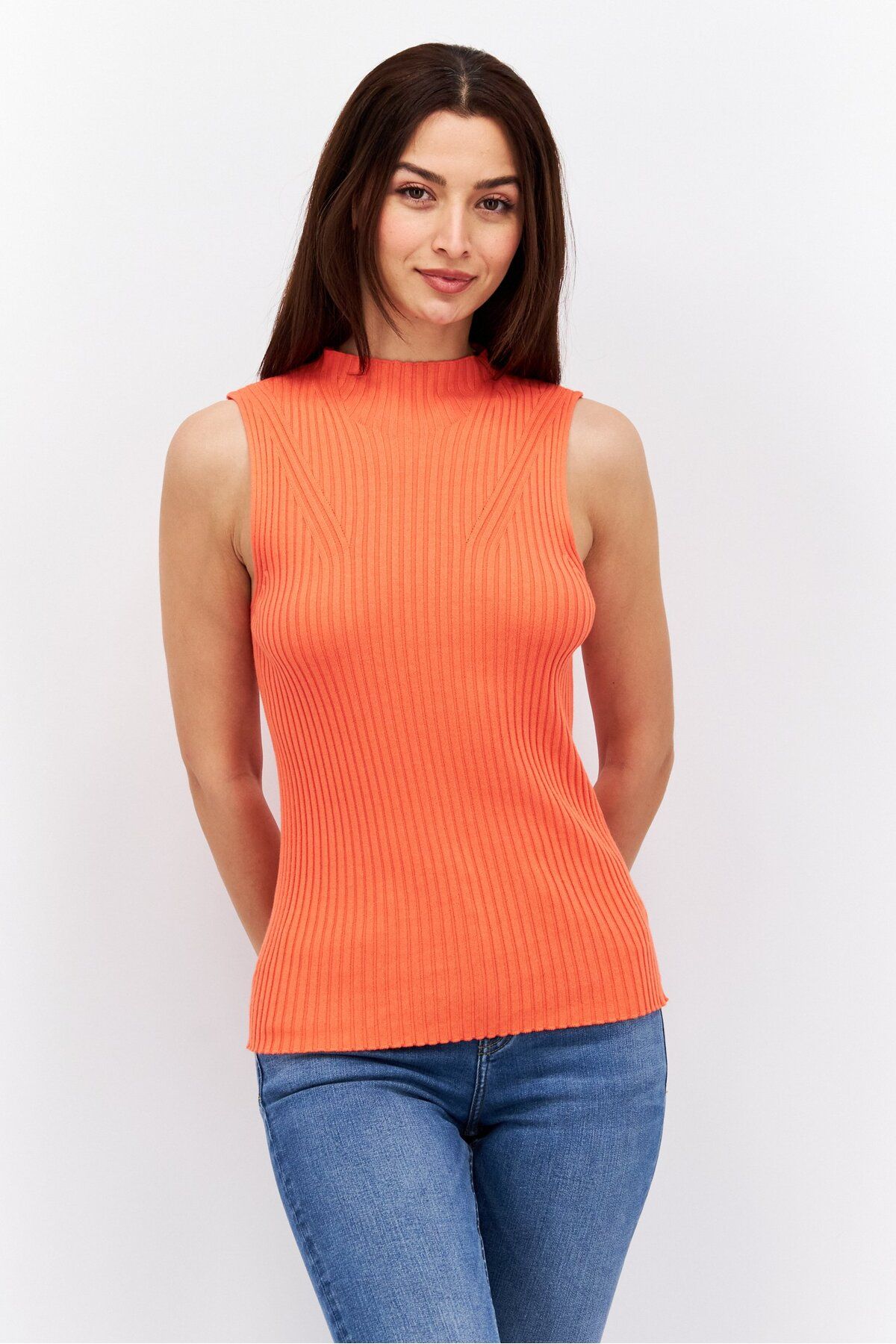 Esprit-Women Mock Neck Sleeveless Ribbed Top, Orange 1