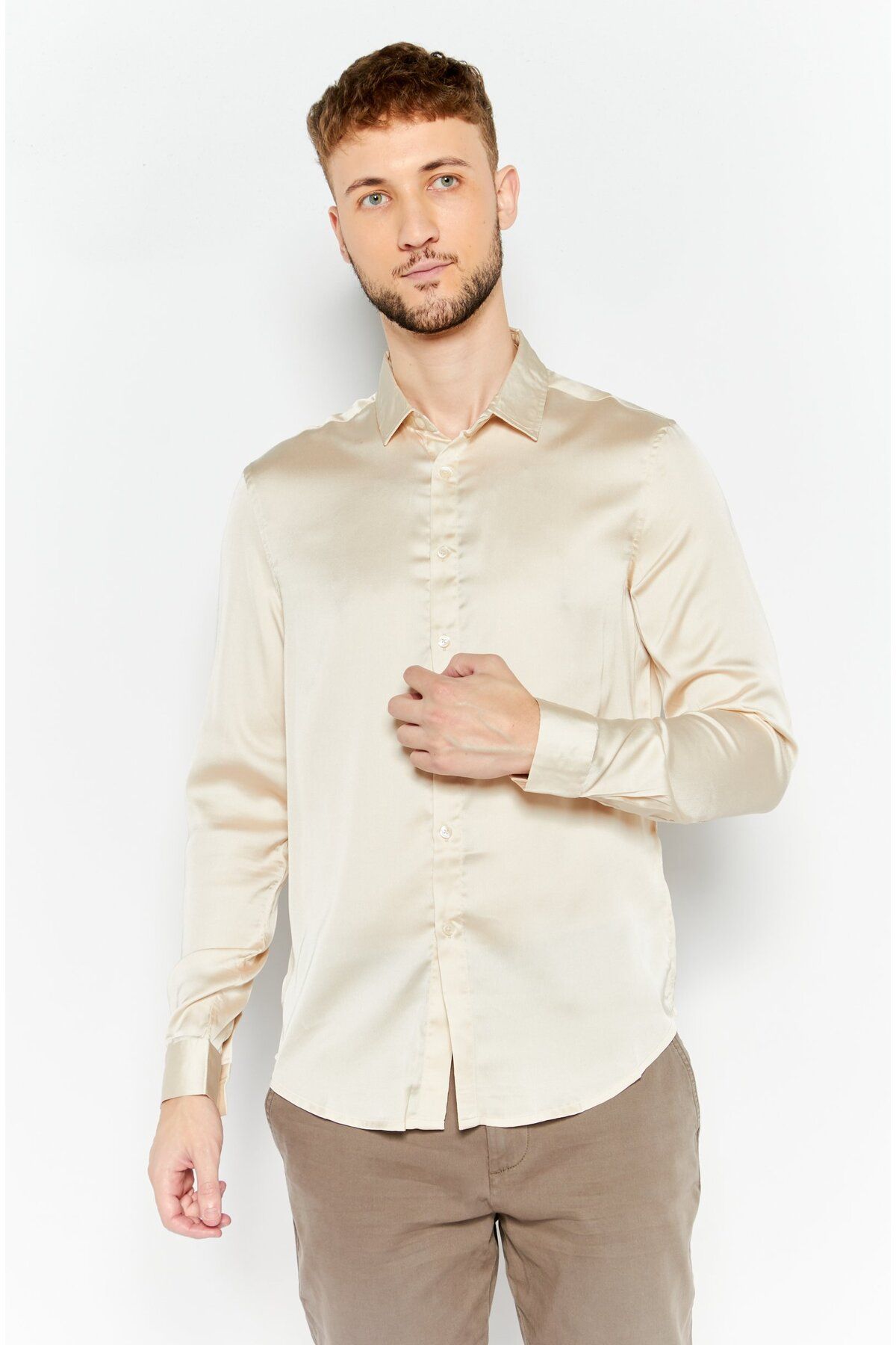 Asos Design-Men Regular Fit Long Sleeve Plain Casual Shirt, Beige 1