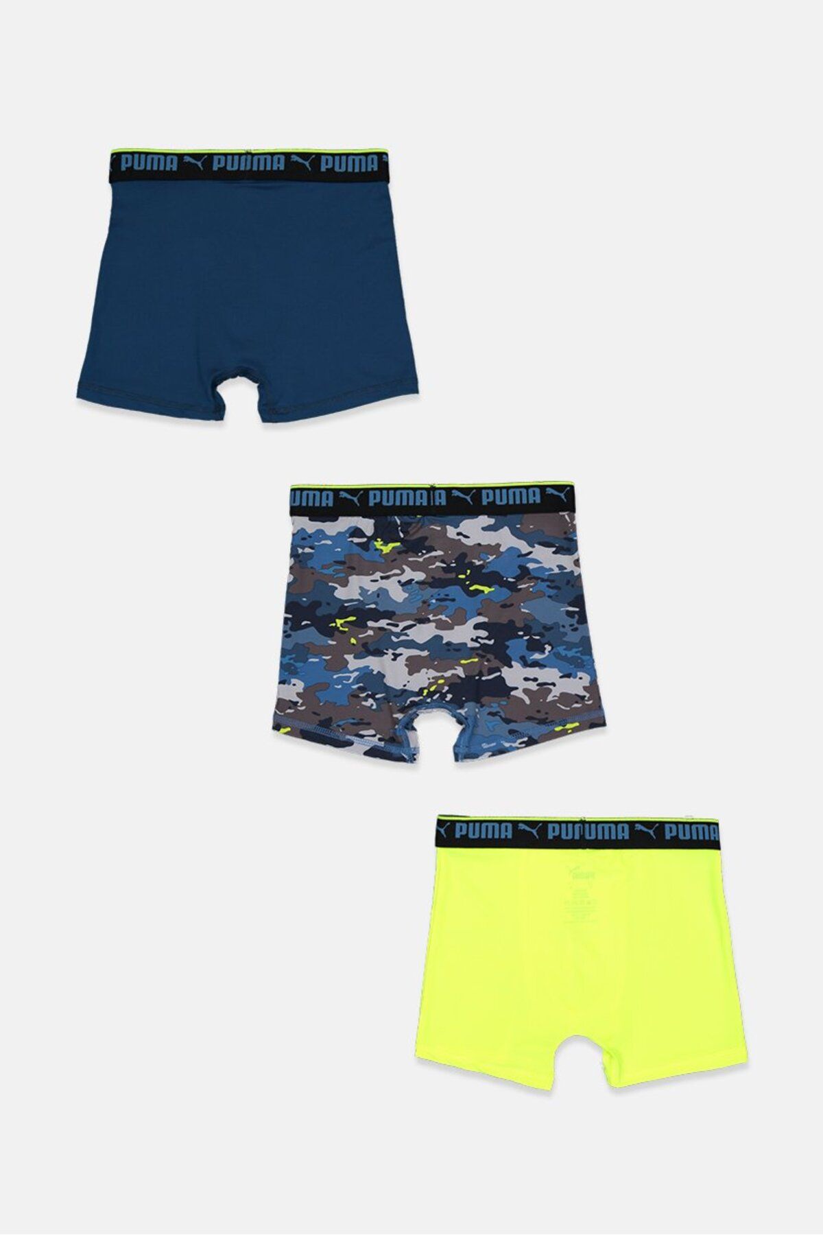 Puma-Kids Boy 3 Pieces Emboidered Logo Boxer Brief, Blue Camo and Teal and Neon Green 2