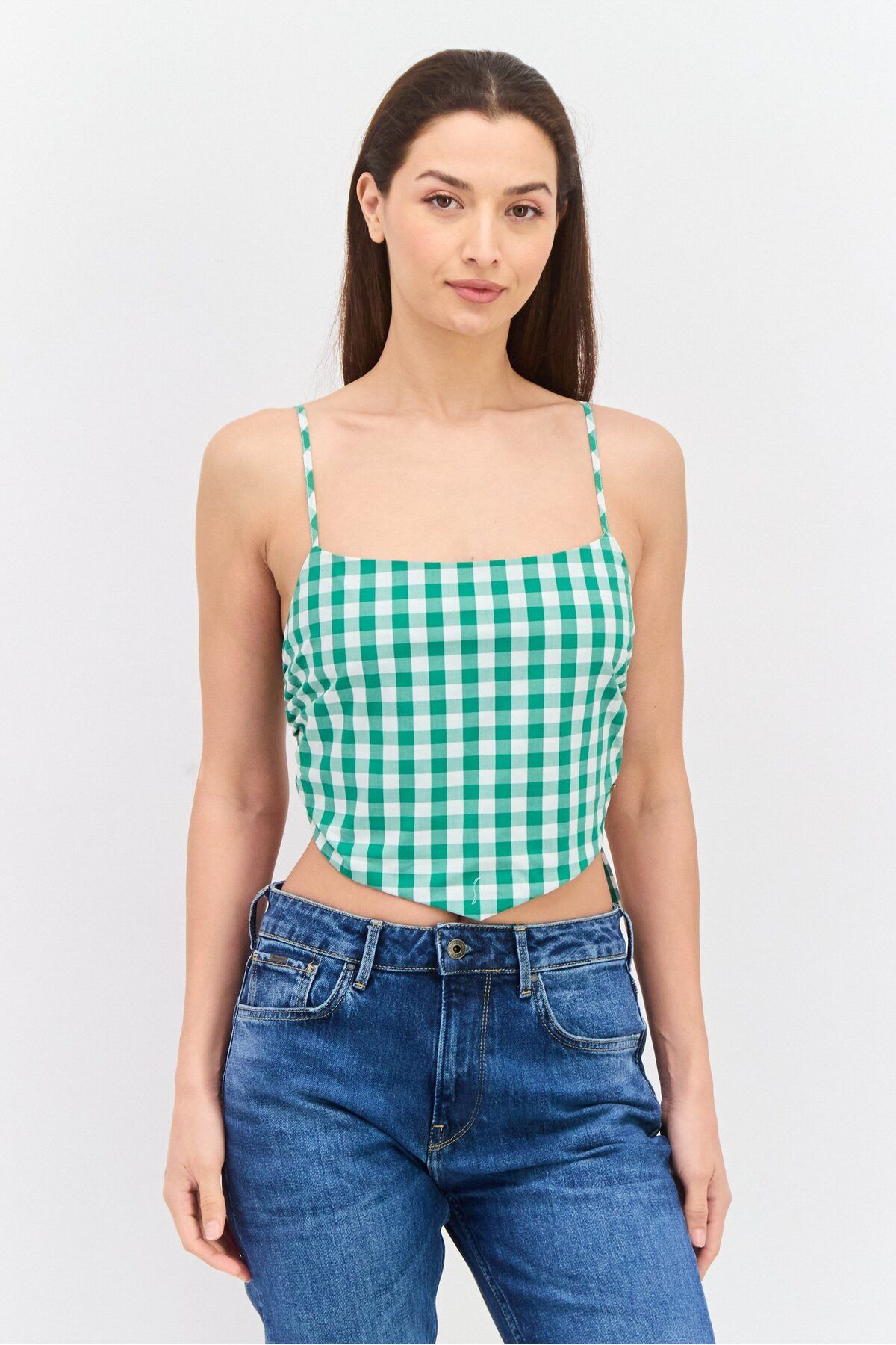Pepe Jeans-Women Square Neck Sleeveless Checkered Tank Top, Green 1