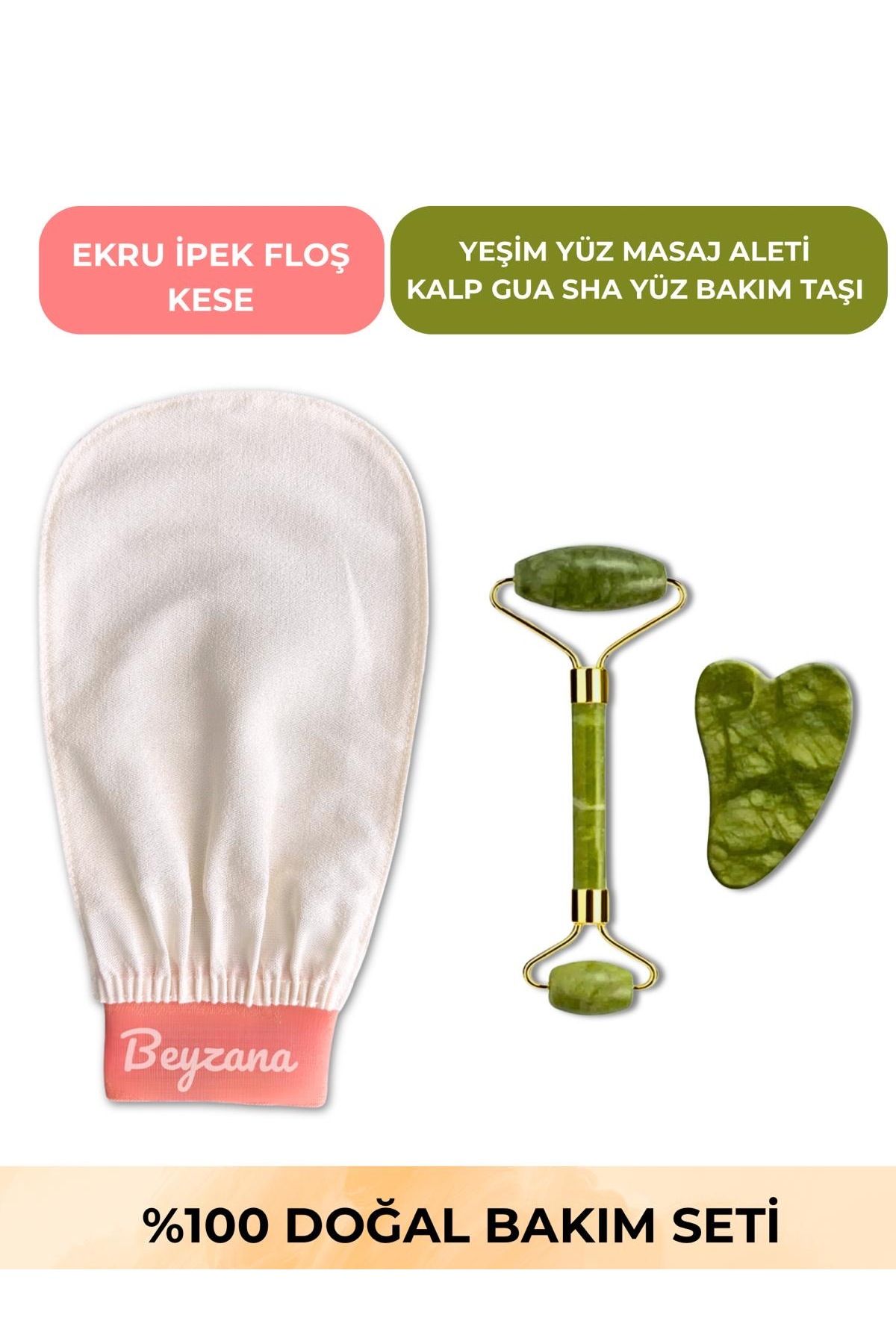 BEYZANA 3’Lü Premium Set Ekru İpek Kese & Yeşim Yüz Masaj Aleti & Kalp Gua Taşı