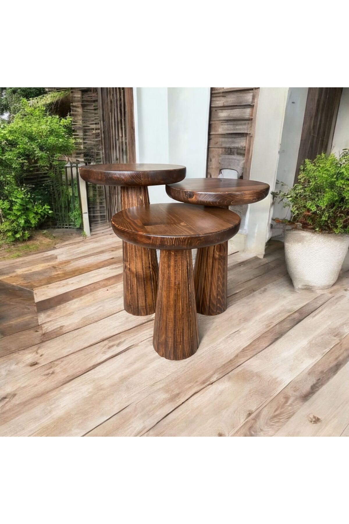 Simillo Home&Living Wood Wooden Ahşap 3’lü Set Fitilli Mantar Yan Sehpa Modern Ceviz Renk Fiskos