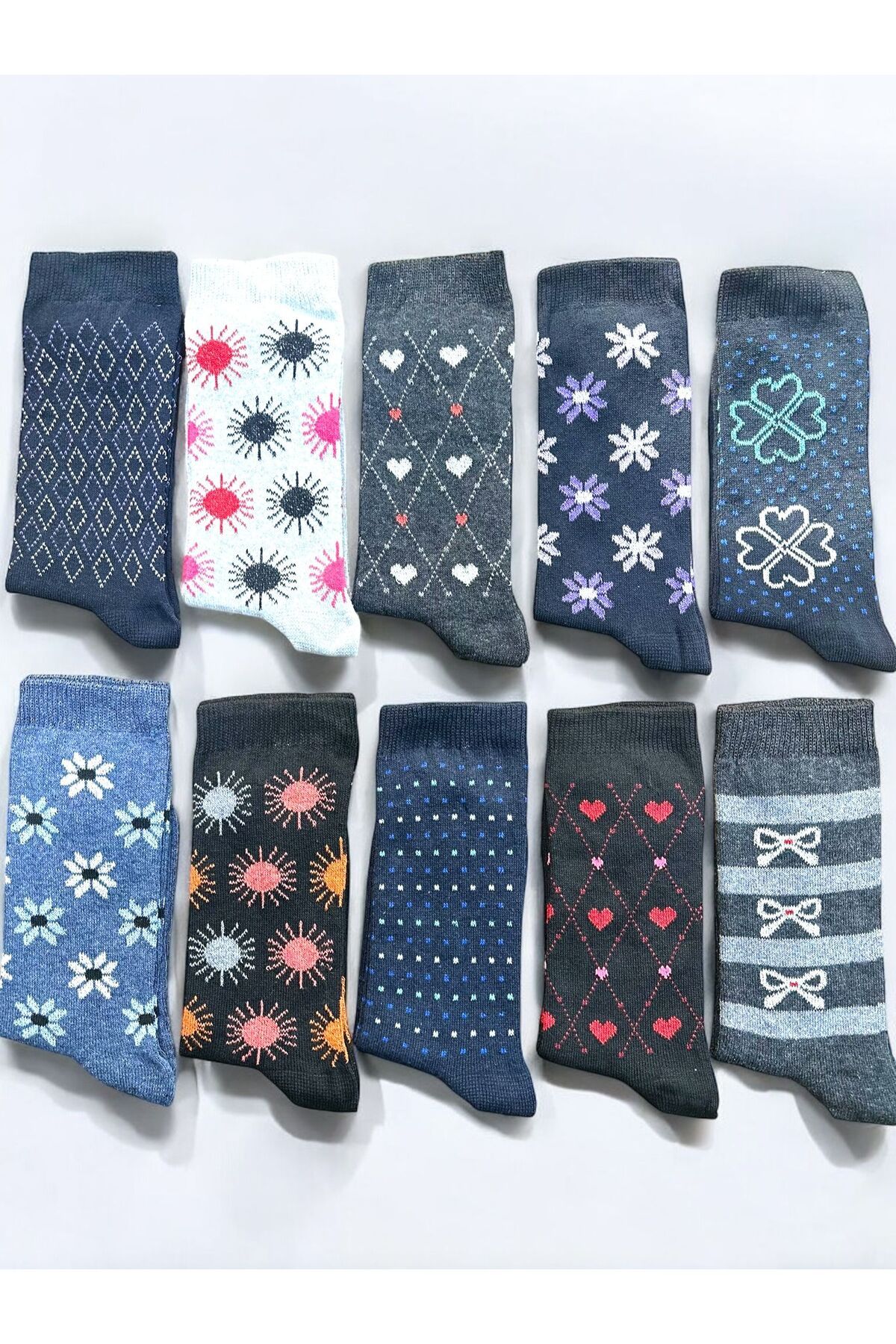 ikizlerim socks KADIN Çok Renkli Soket Çorap (10 ÇİFT) Likralı Pamuklu Penye Uzun Çorap