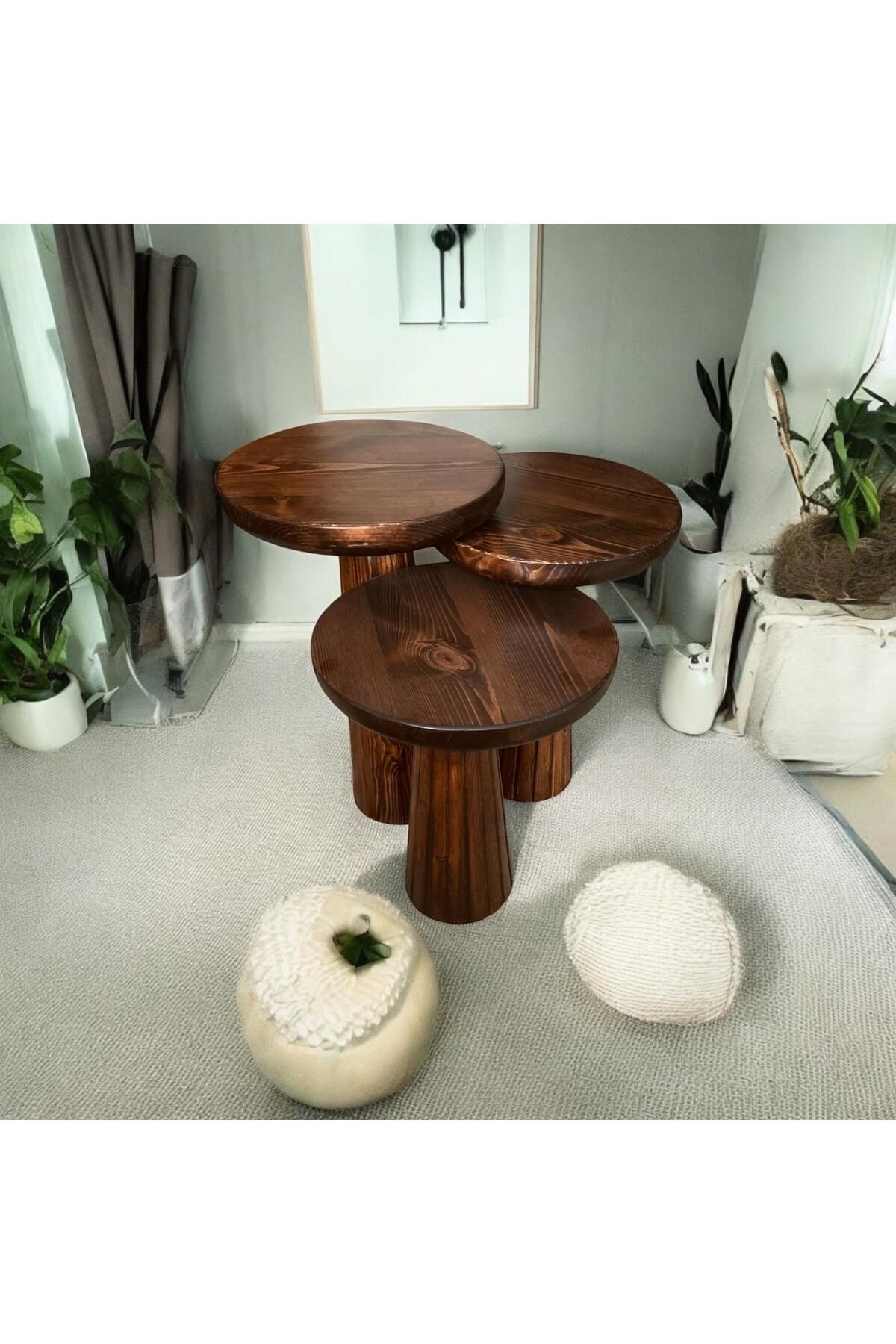 Simillo Home&Living Wood Wooden Ahşap 3’lü Set Fitilli Mantar Yan Sehpa Modern Kestane Renk Fiskos