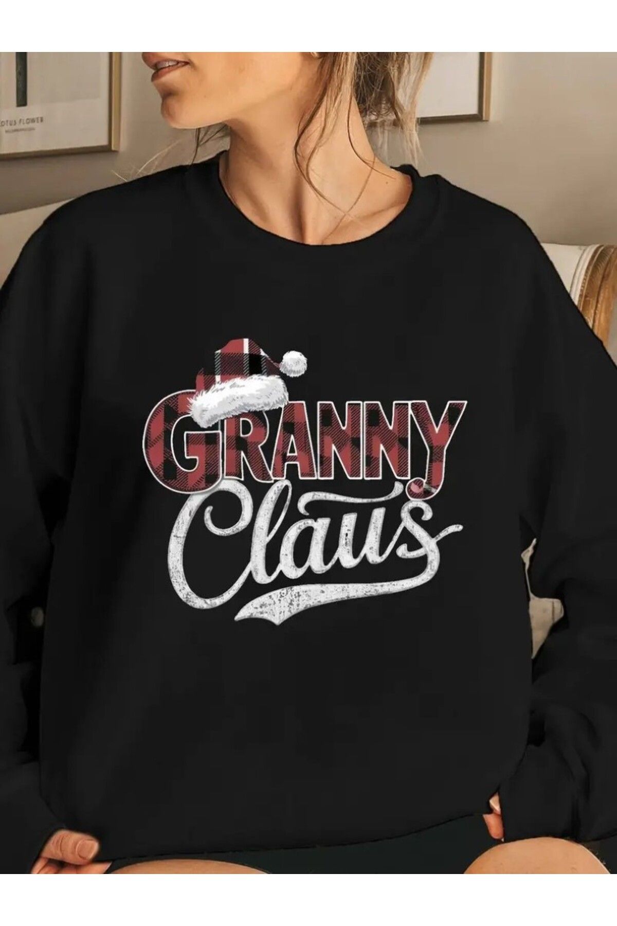 ACTIVE MODA -Kadın Sweatshirt GRANNY Claus Baskılı Hodies 3 iplik Kompakt Kumaş (İçi Pamuklu)rahat