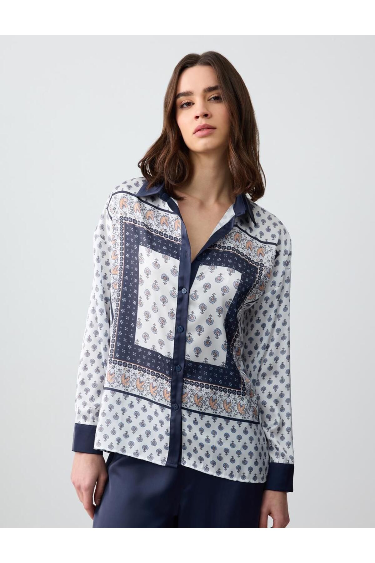 Jimmy Key-Patterned Straight Cut Ethnic Patterned Woven Satin Shirt 1