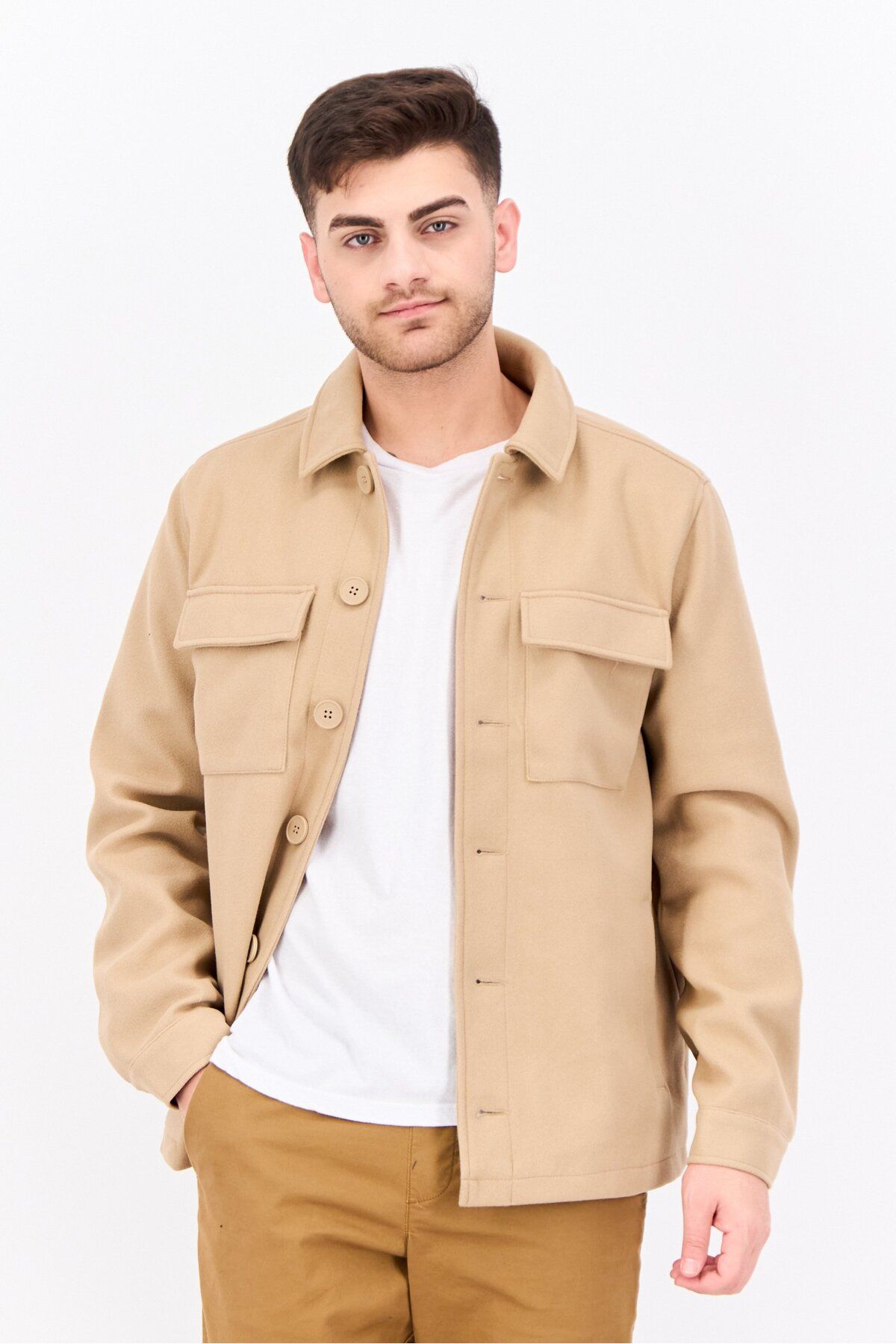 Threadbare-Men Solid Long Sleeve Jacket Shirt, Tan 1