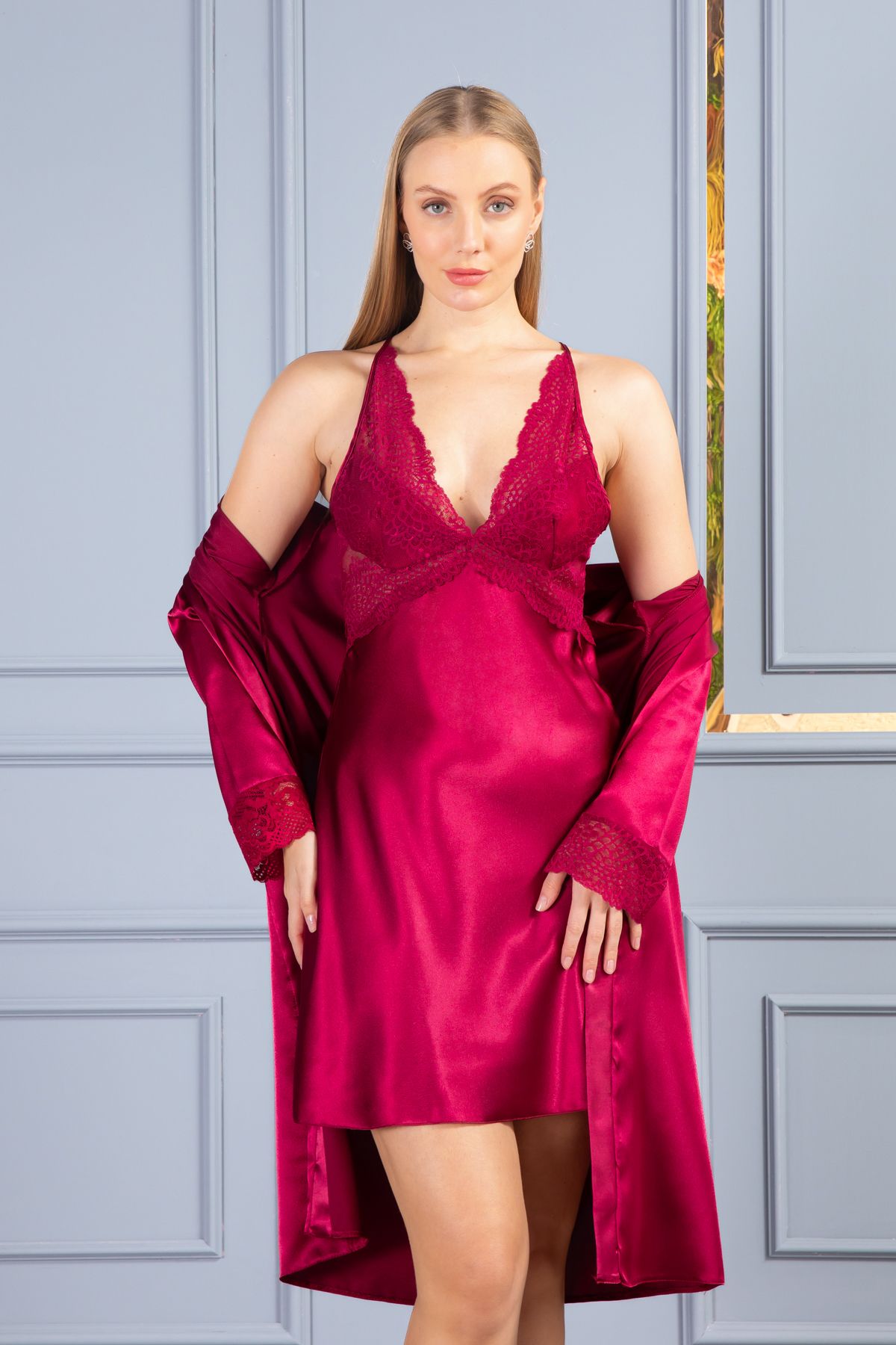 Lunoche Nightwear Kadın Dantelli Sırt Detaylı Kısa Saten Çeyizlik İkili Gecelik Sabahlık Takımı