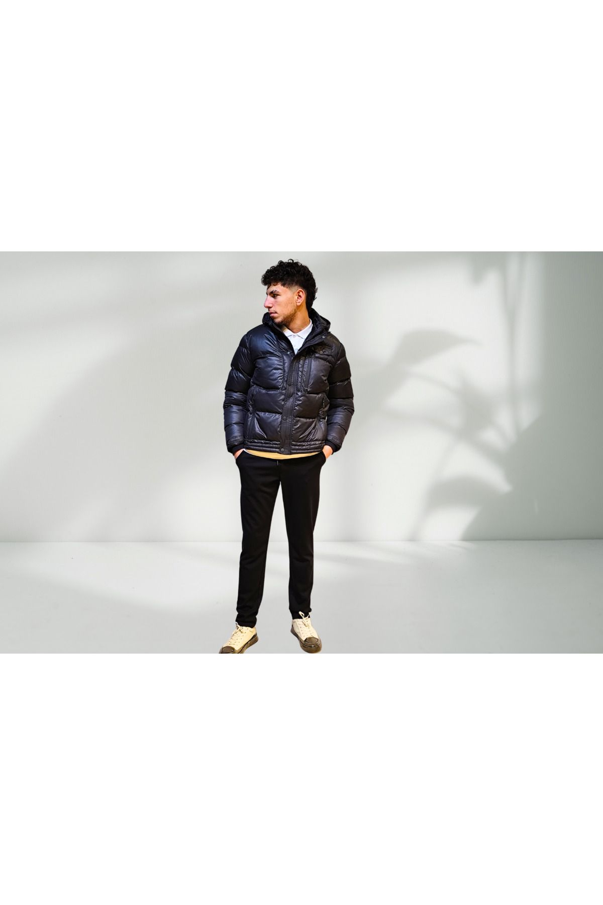 Campione-Men's Hooded Zipper and Snap Closure Shrinkable Sleeves Puffer Coat 253429701 1