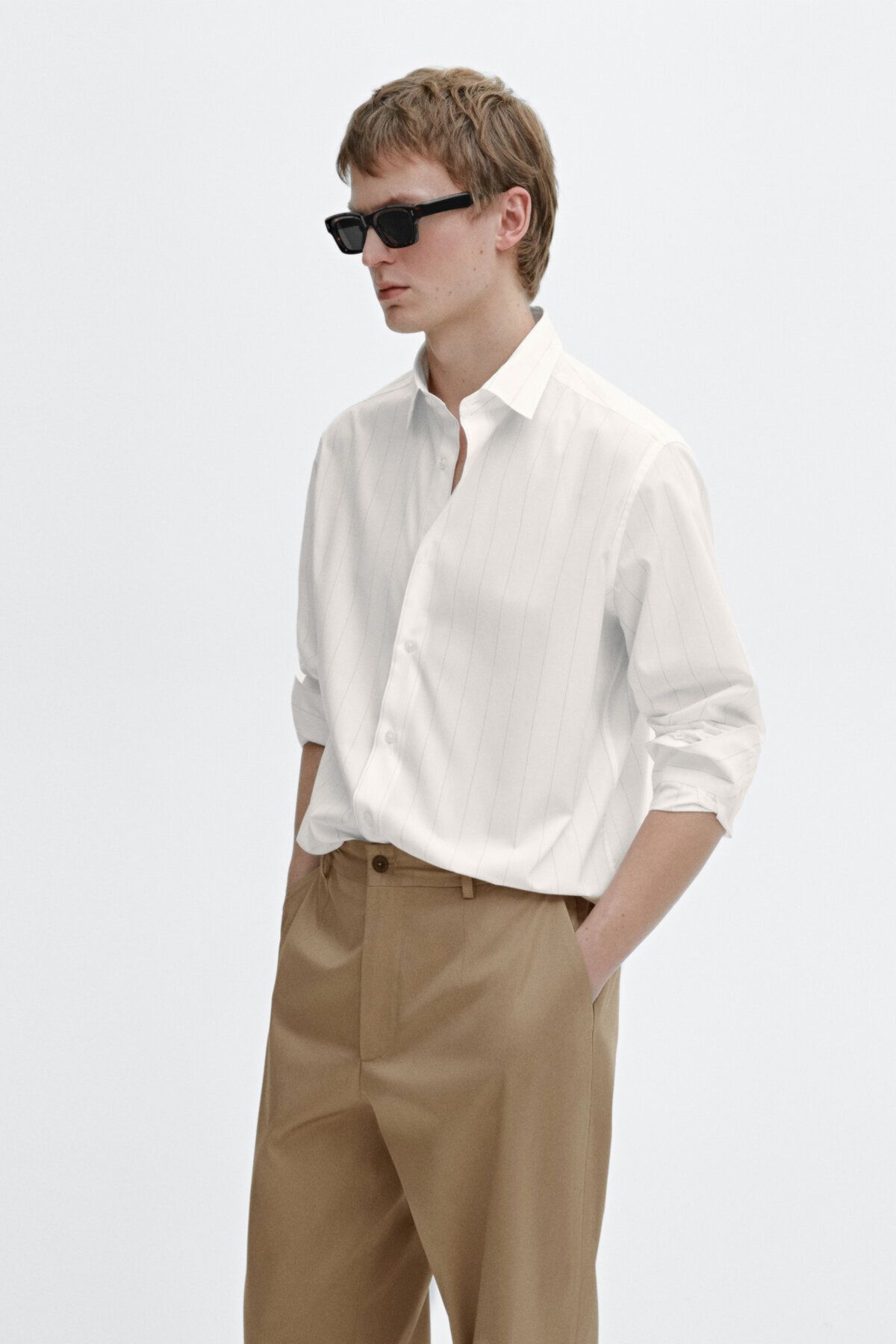 پیراهن / بلوز دکمه دار سفید مردانه پوپلین راه خوب اورجینال Massimo Dutti