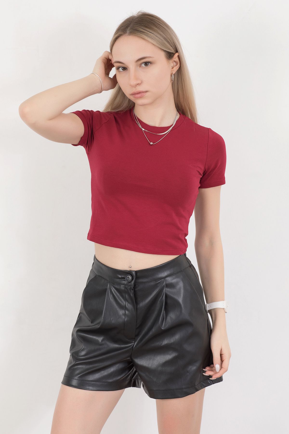 GİYSA Kadın Bisiklet Yaka Pamuklu Basic T-Shirt Bordo ? MS0000102