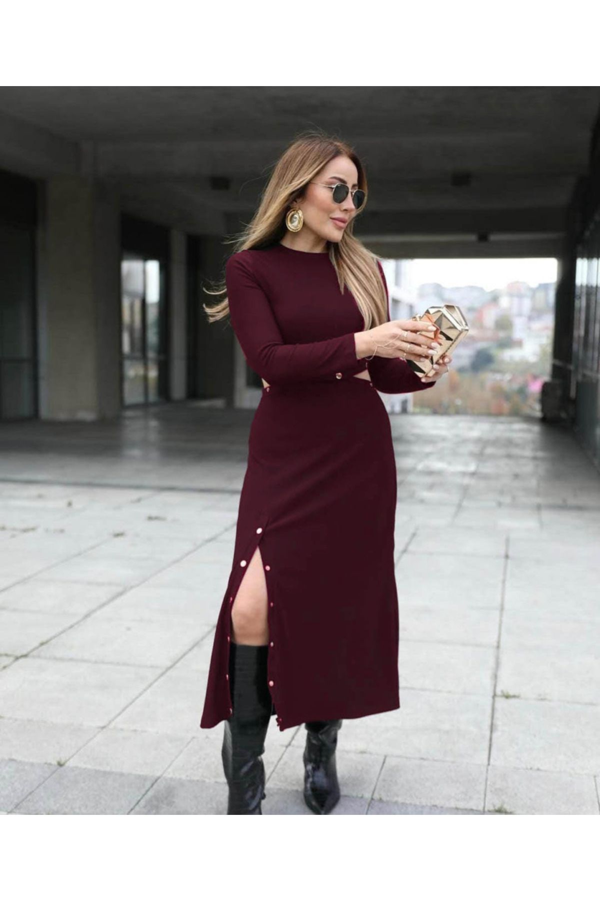 meisa Kadın Uzun Kollu çıtçıtlı Viskon Krop Bluz Ve Yırtmaçlı Etek Istenildiğinde Elbise Olan Ikili