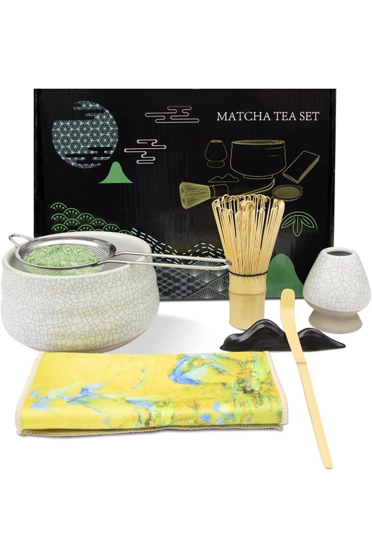 NEKIIT 7 Parça Japon Matcha Çay Seti, Matcha Kasesi, Bambu Çırpıcı, Çay Kaşığı, Çırpıcı Tutucu, Çelik Elek