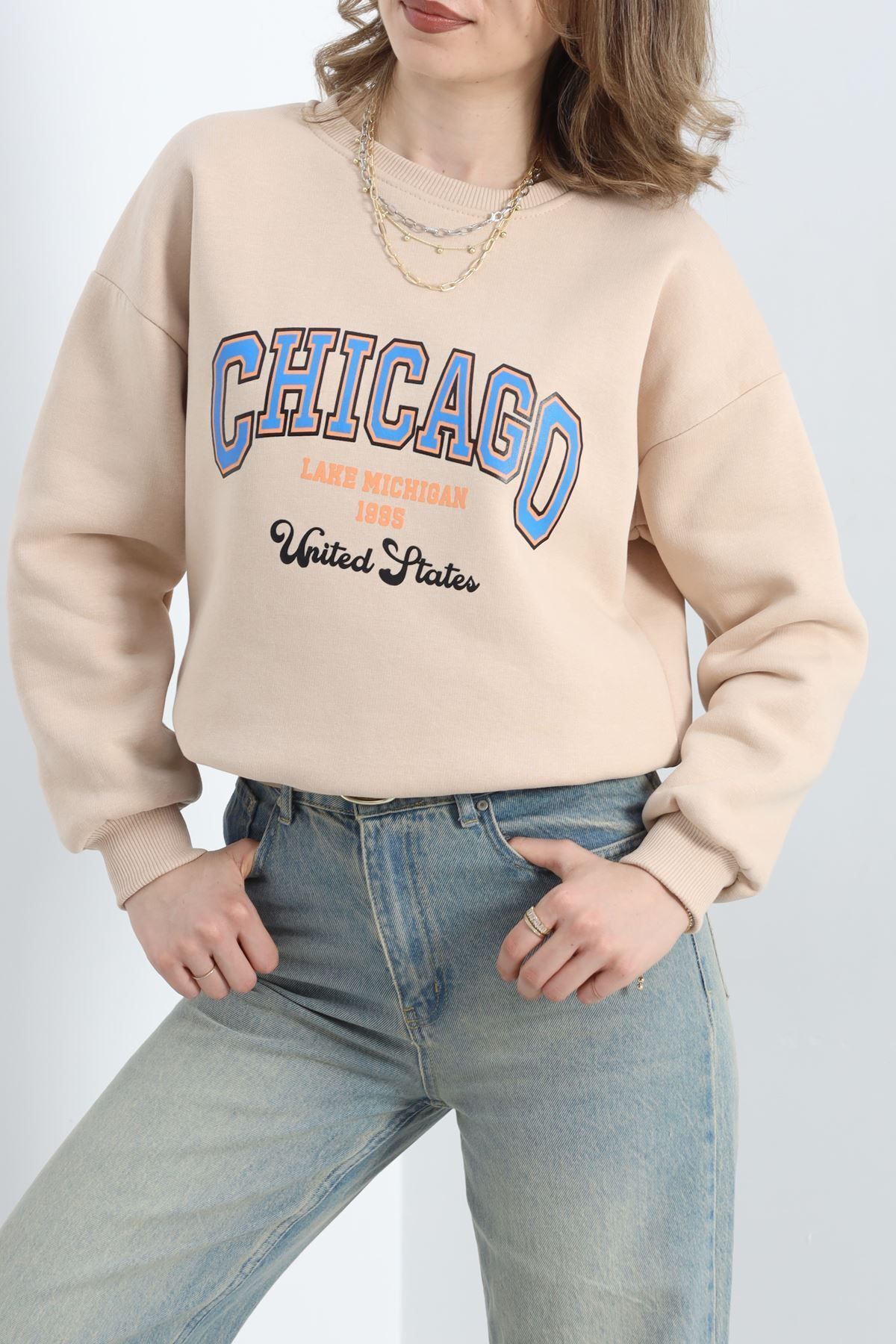 BELENDİR 3 İplik Baskılı Unisex Sweat Bej - 30188.1878.