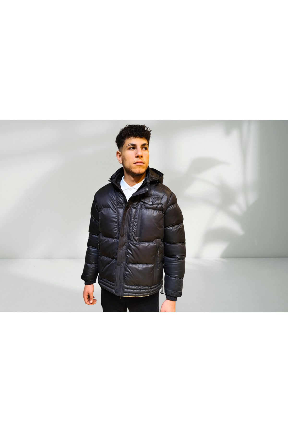 Campione-Men's Hooded Zipper and Snap Closure Shrinkable Sleeves Puffer Coat 253429701 4