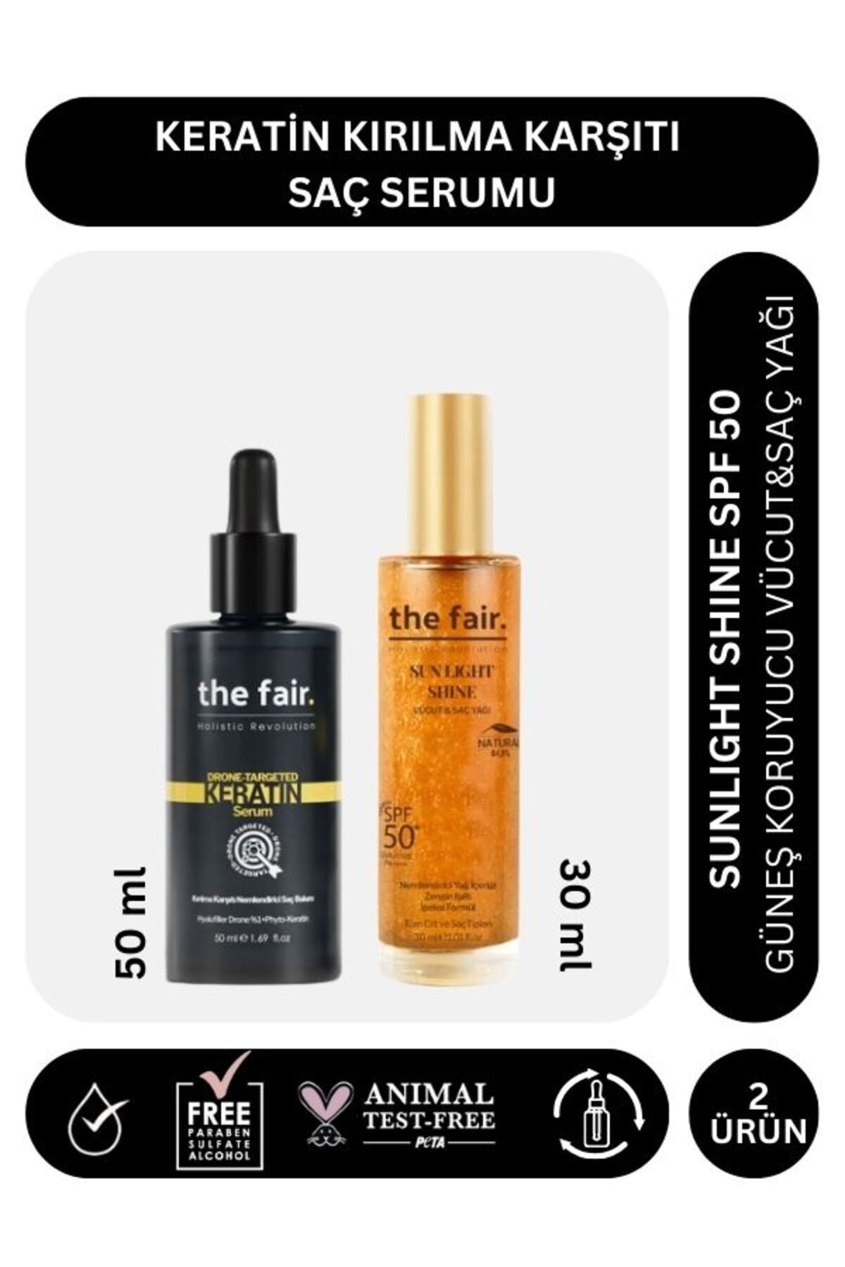 the fair. the fair. Keratin Kırılma Karşıtı Saç Serum 50 ml ve Shine SPF 50 Güneş Koruyucu Saç Yağı 30 ml