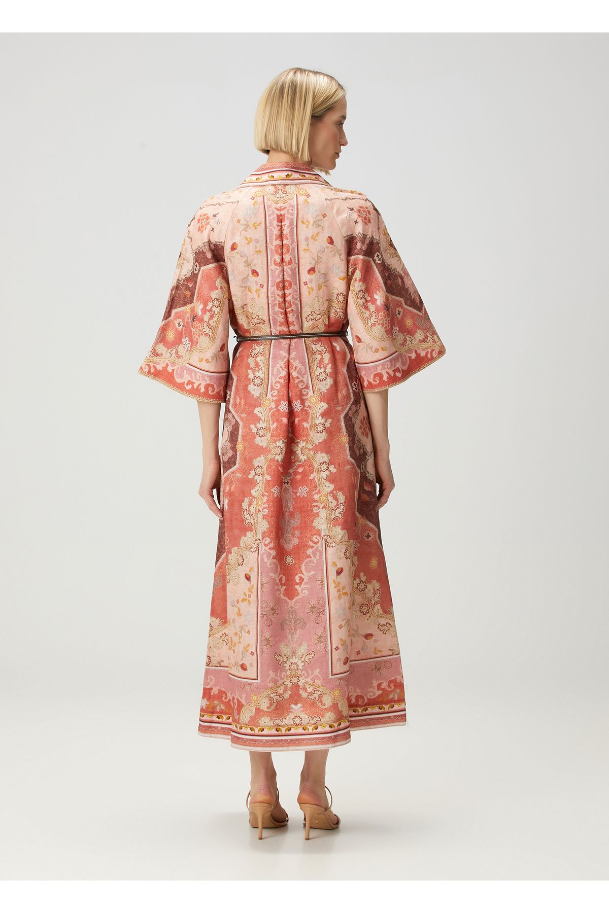 Zimmermann-Wylie Orange Wrap Print Midi Linen Dress Size: 3 4
