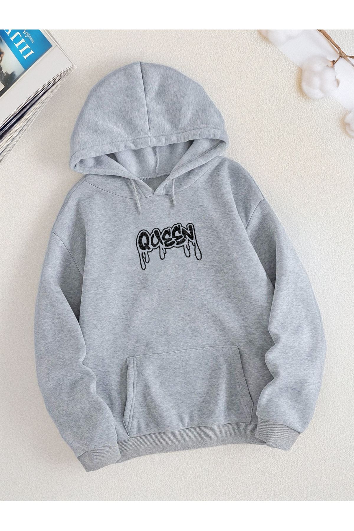 De Carte Queen Ön Baskılı Relaxed Mevsimlik Kapşonlu Sweatshirt