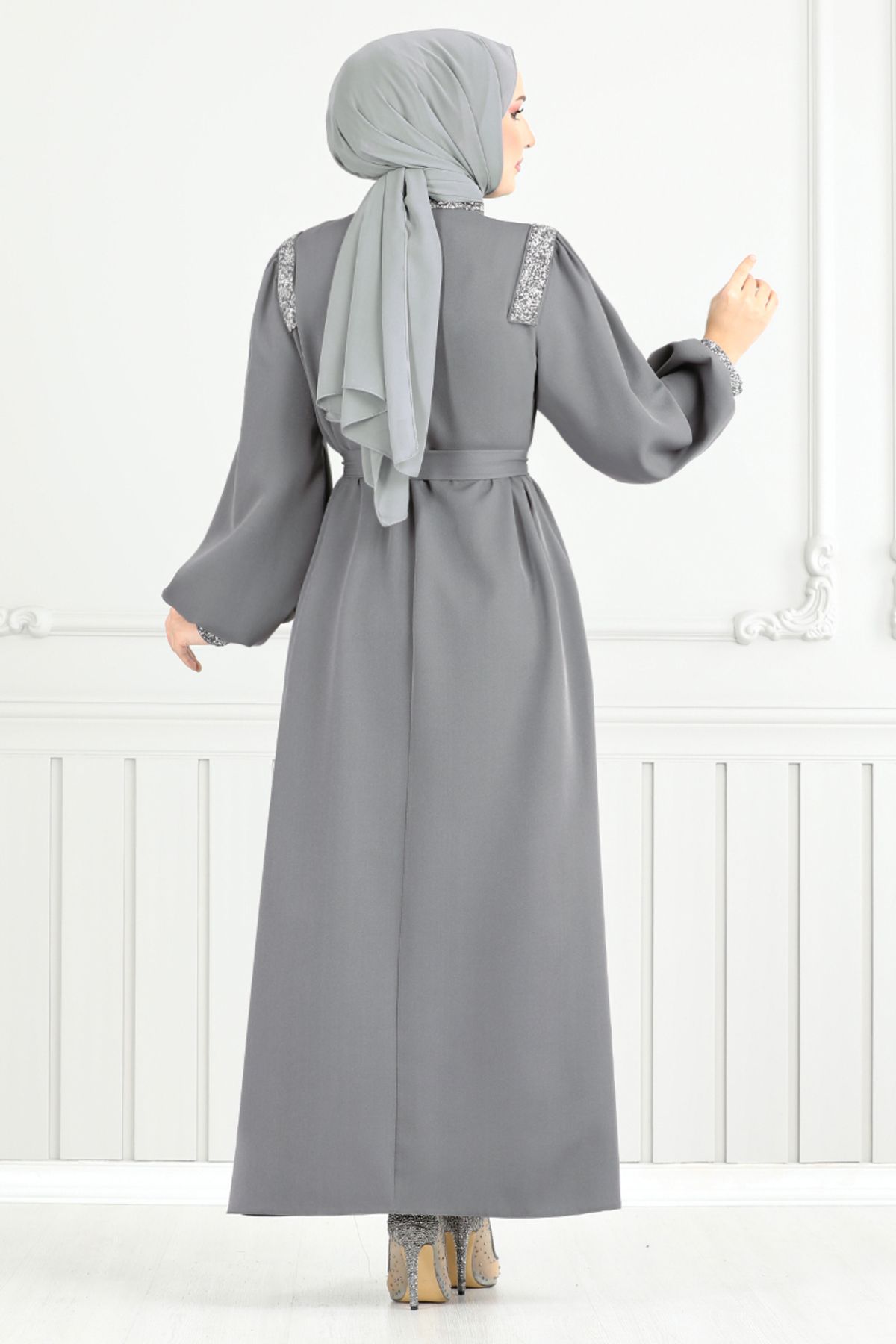 ModaMerve-Anthracite Hijab Evening Dress 5656End900-M with Stone Detail 6