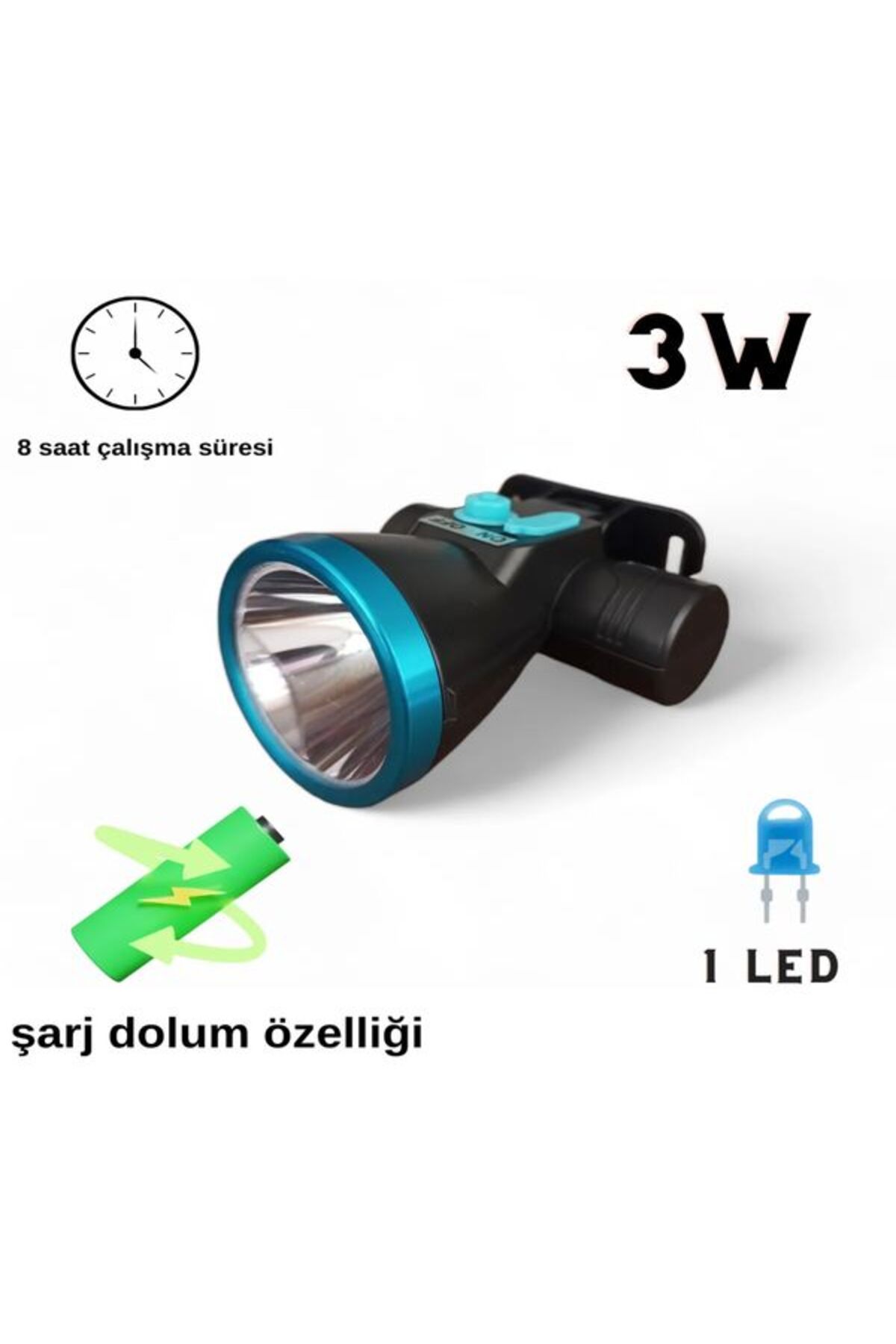 Aleeza Ultra Güçlü 8 Saat Çalışma Süreli Lityum Pilli 3w 1 Led Kafa Fener