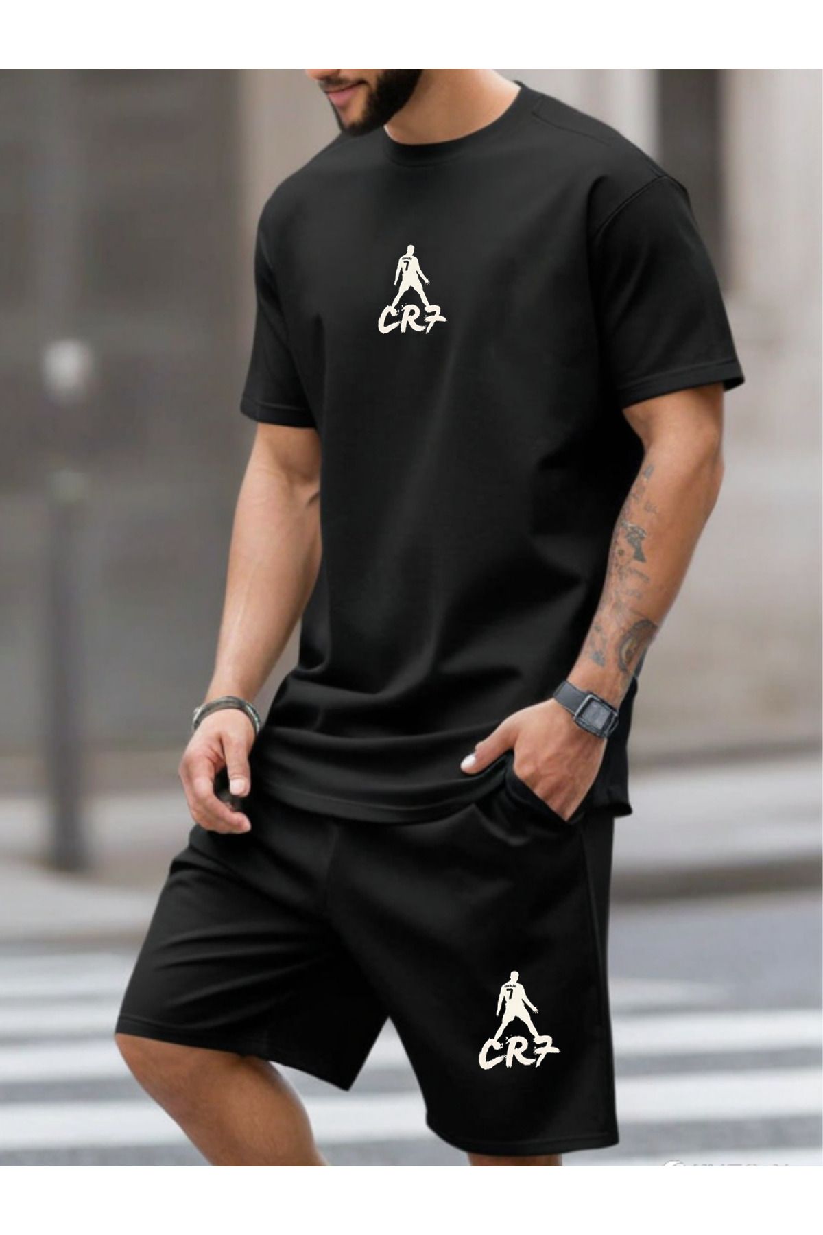 DEEPSENCE-Black Men's Shorts and T-Shirt Set - Cr7 Design Printed Set of 2 2