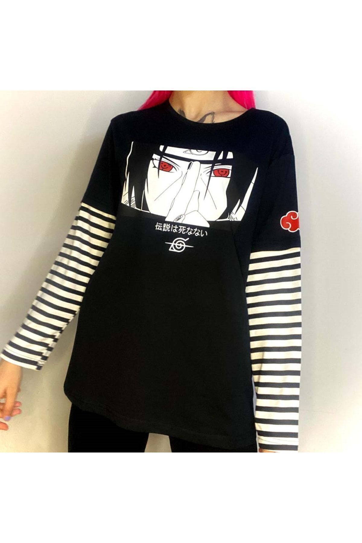 rengarenk outlet Anime Naruto Uchiha Unisex Siyah Beyaz Çizgili Kollu T-shirt