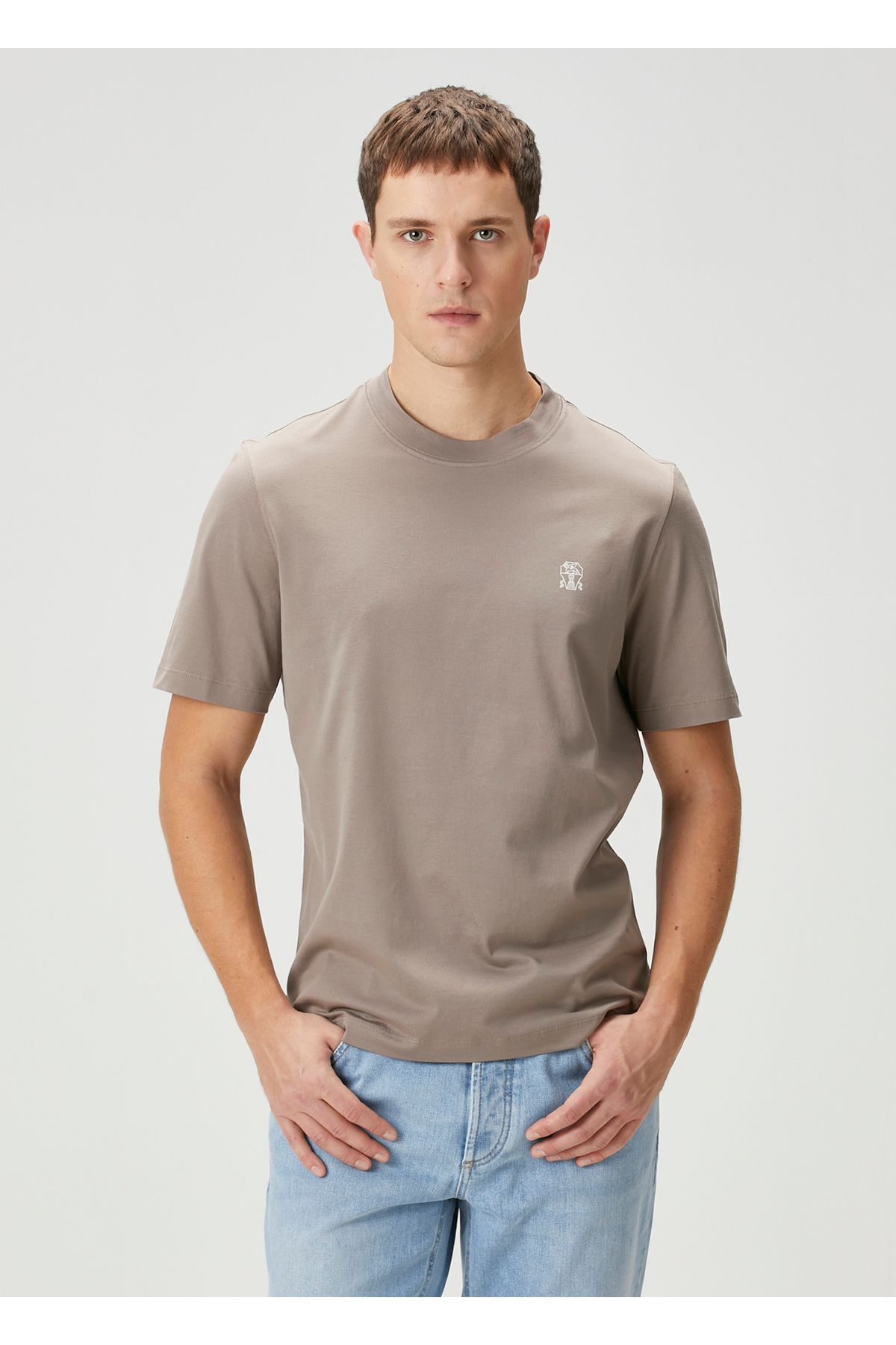 Brunello Cucinelli-Brown Logo Embroidered T-Shirt Size: XL 1