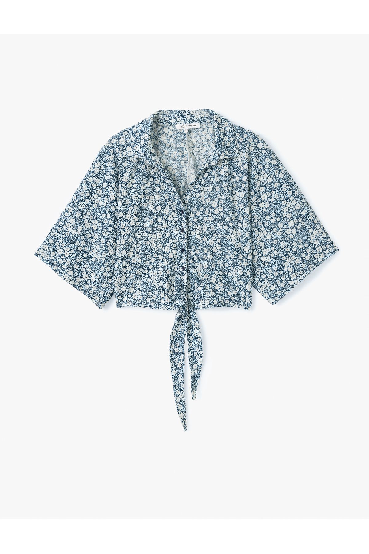 Koton-Flowers Crop V-Neck Shirt with Bat Sleeve Tie Detail 3