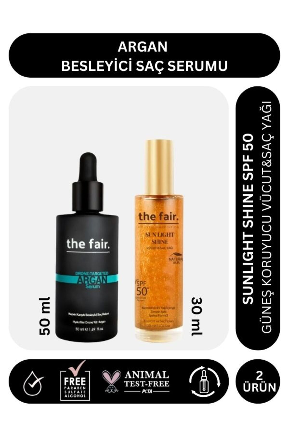 the fair. the fair. Argan Besleyici Saç Serumu 50 ml ve Sunlight Shine SPF 50 Güneş Koruyucu Saç Yağı 30 ml