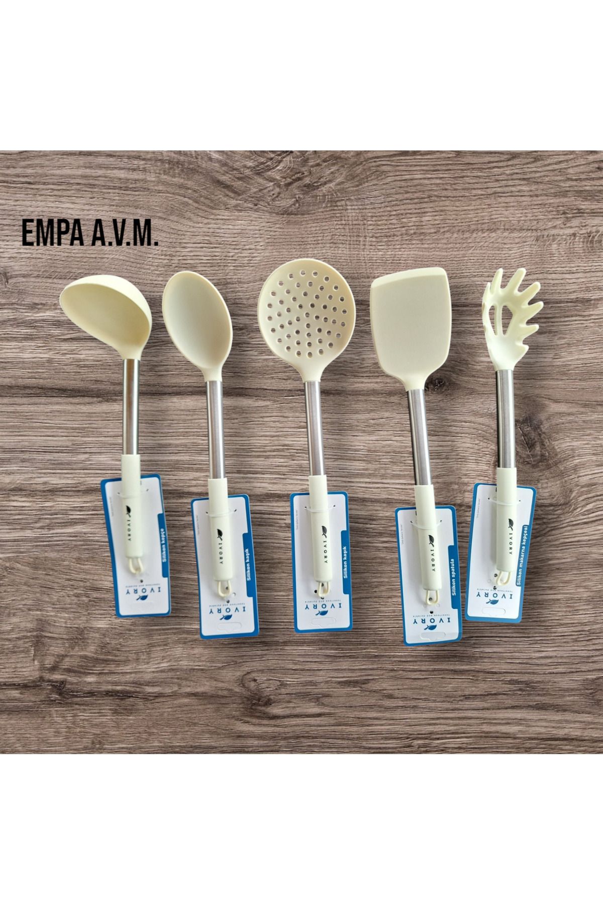 IVORY ÇELİK SAPLI SİLİKON KAŞIK, SPATULA, KEVGİR, KEPÇE, MAKARNA KAŞIĞI 5' Lİ SERVİS SETİ