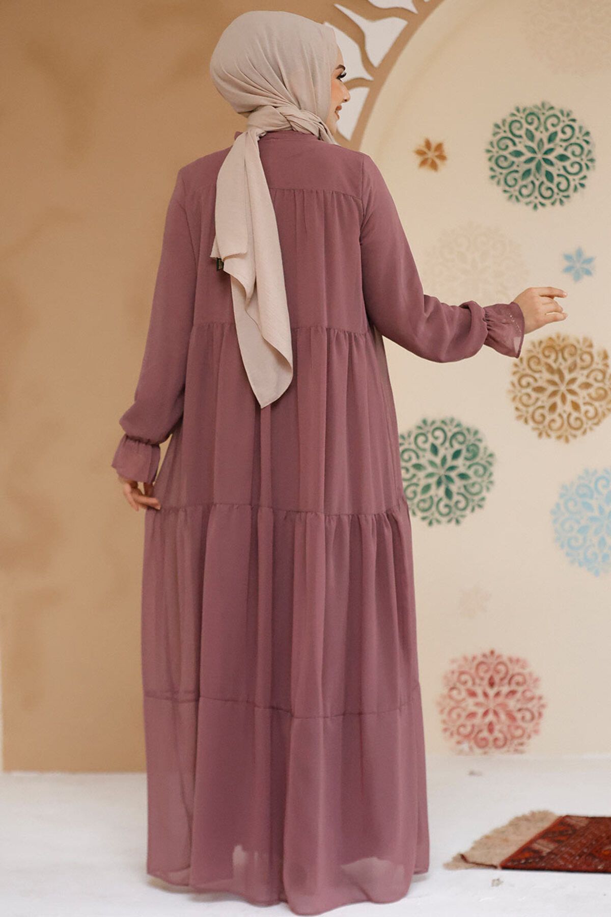 Neva Style-Rochie din șifon Hijab Dusty Rose - Pliuri de podea, 23601GK 3