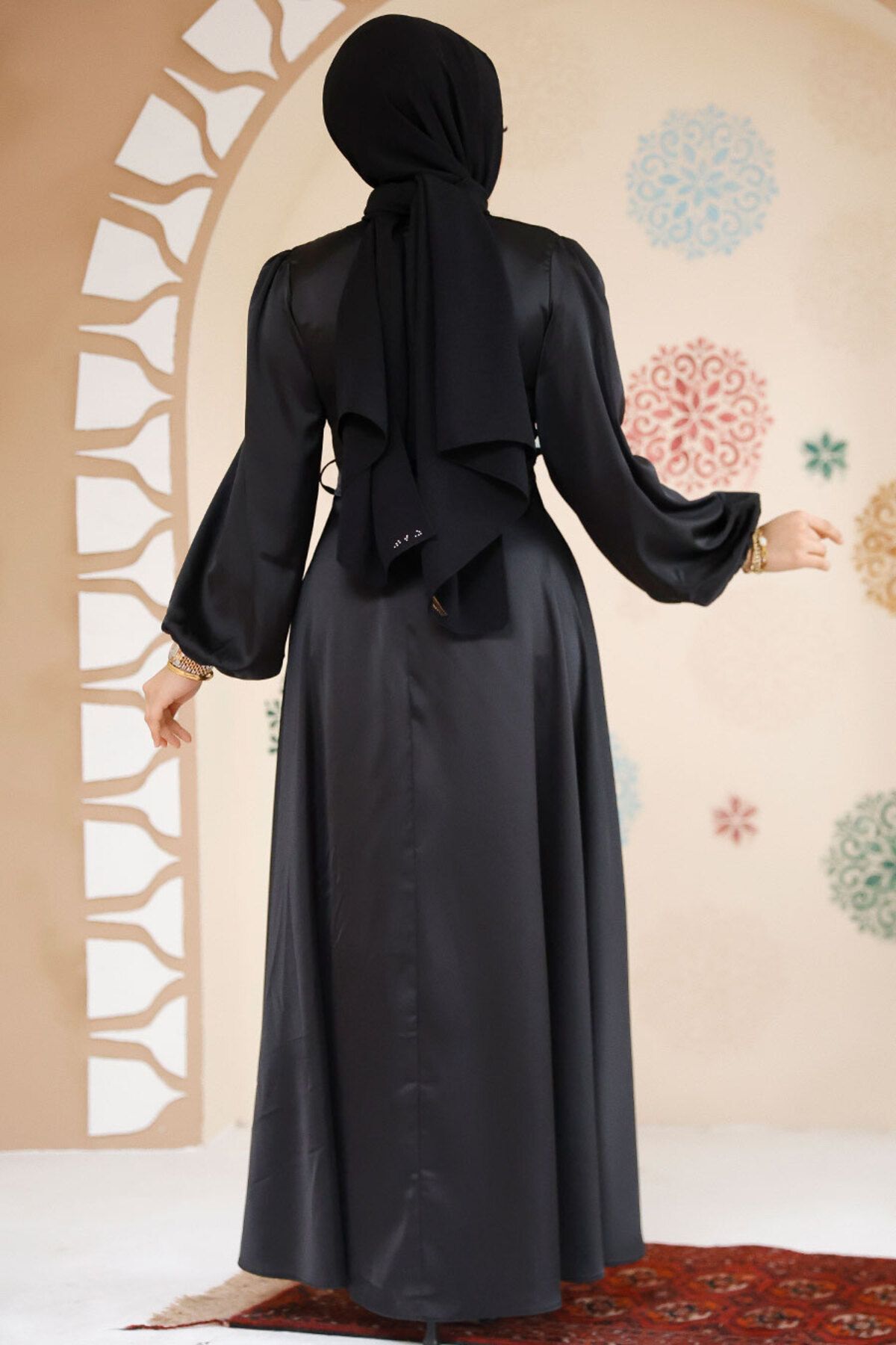 Neva Style-Balloon Sleeve Black Satin Hijab Evening Dress 61501S 3