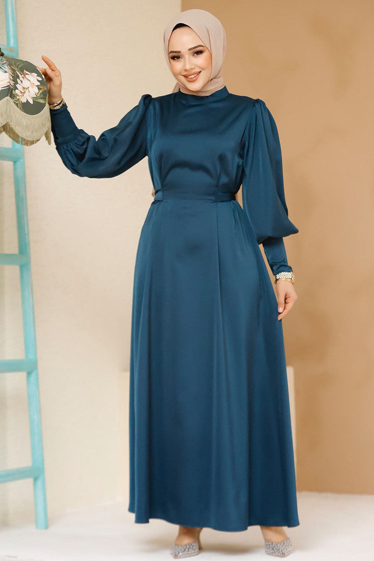 Neva Style-Satin Petrol Green Hijab Evening Dress 61651Py 1