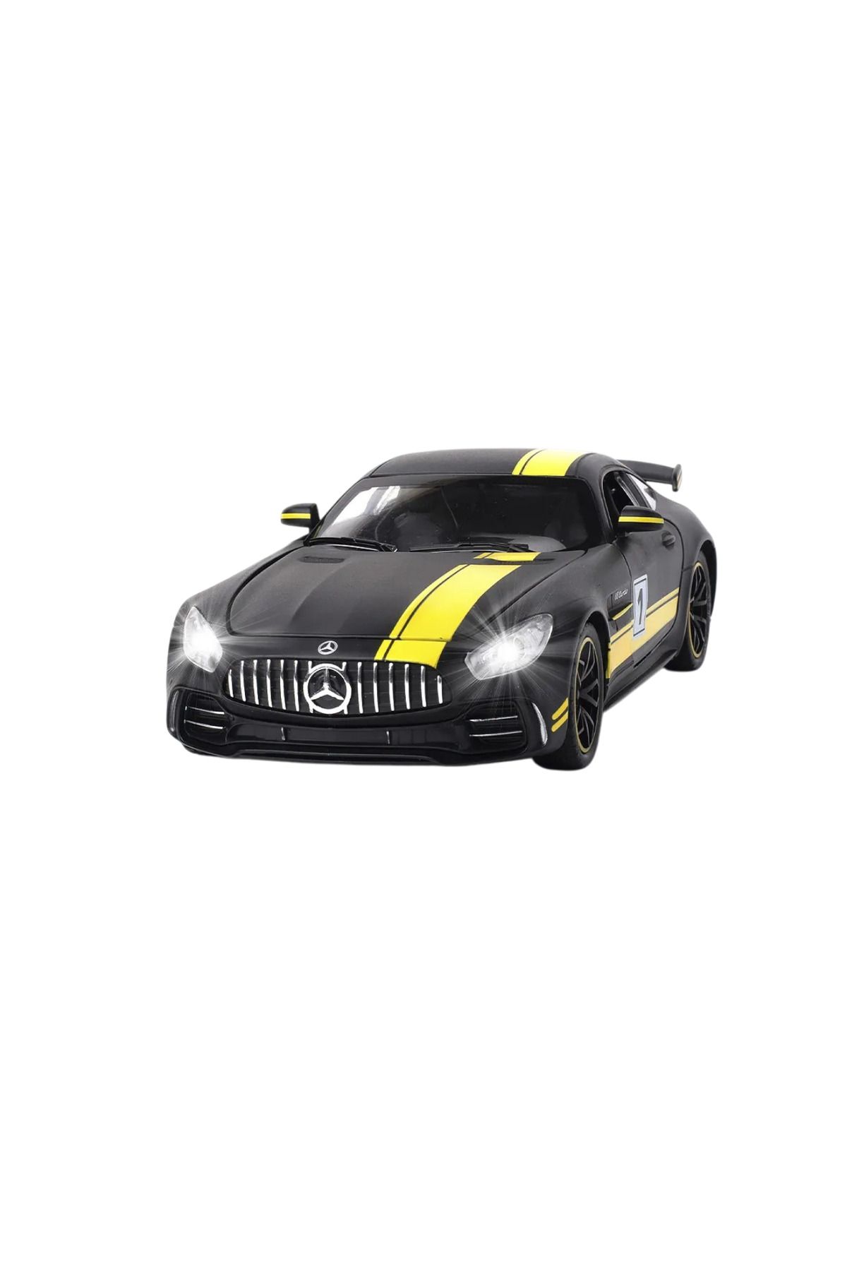 Nostalji Kutusu Mercedes 1:24 AMG GTR Siyah Sesli Işıklı Çek Bırak Oyuncak Diecast Metal Spor Araba 20 Cm